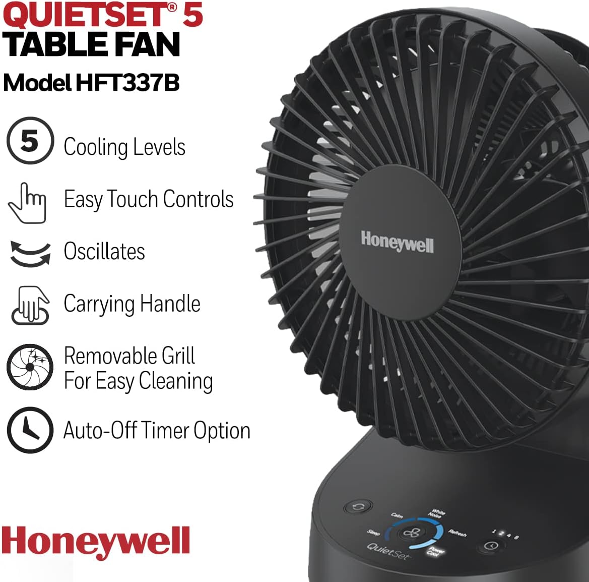 Honeywell QuietSet 5 Oscillating Table Fan, Black - Personal and Small Room Fan with Quiet Operation and 5 Levels of Power and Sound