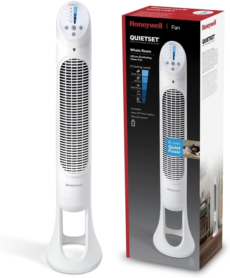 Honeywell QuietSet Whole Room Oscillating Tower Fan, 5 Speed Settings, Oscillating 80, Timer Function, Auto-Off Lights, Remote Control HYF260