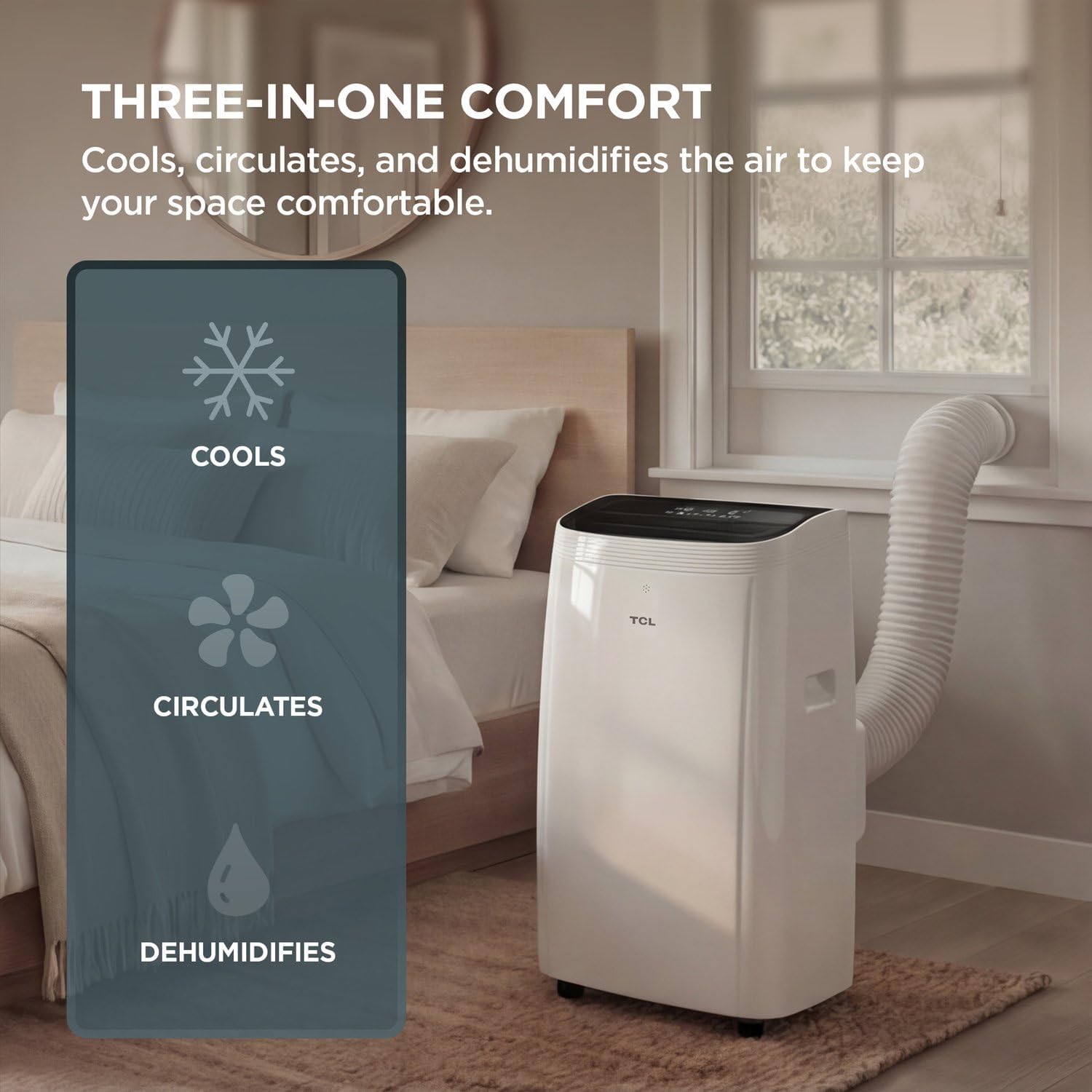 TCL ASHRAE 12,000 BTU Portable Air Conditioner, cooling for rooms up to 33 sqm, dehumidifier and fan modes, remote control, LED display