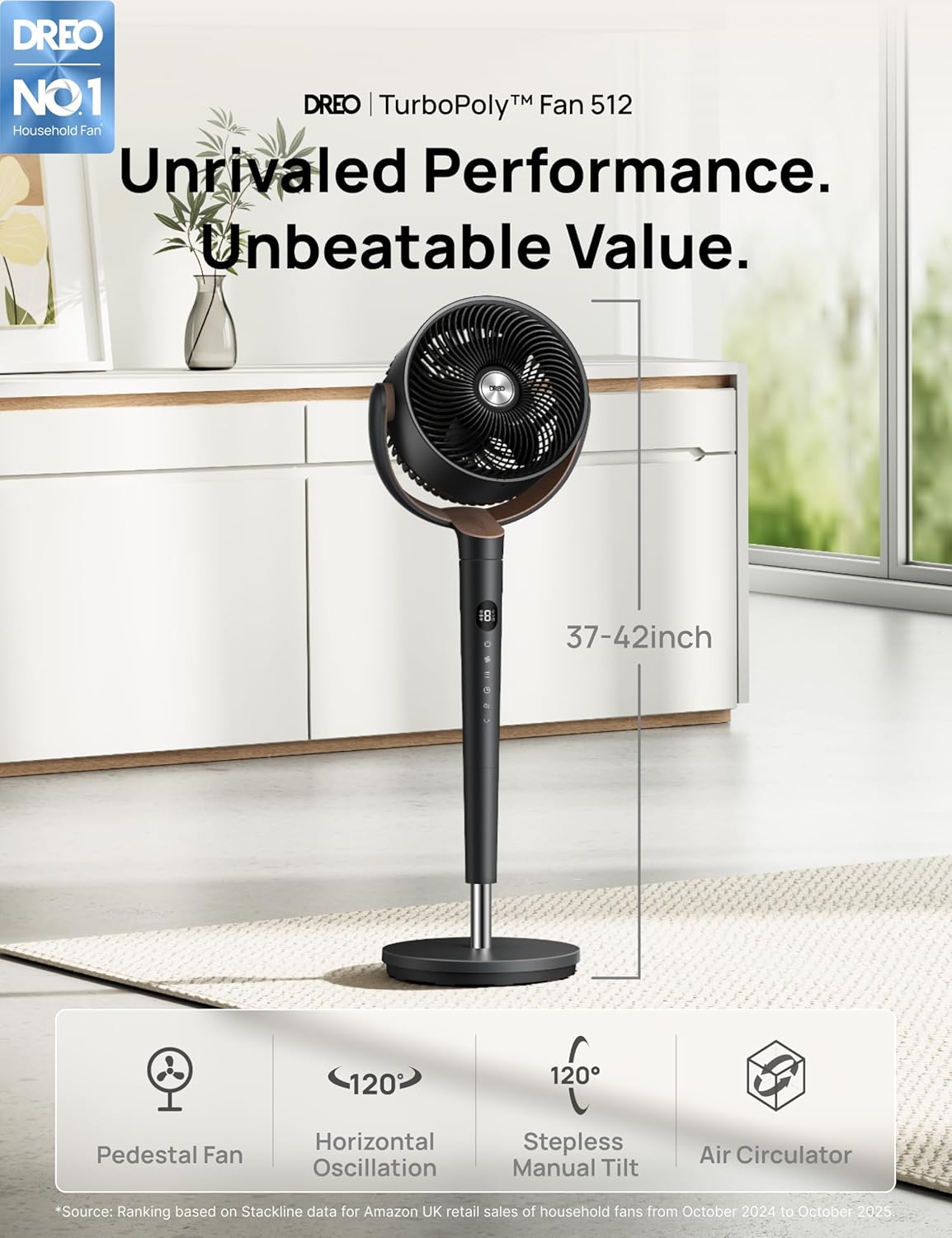 DREO 20dB Ultra Quiet Standing Pedestal Fan for Bedroom, 120 Oscillating Electric Cooling Fan with DC Motor, 9 Speeds & 4 Modes, 8H Timer, Remote