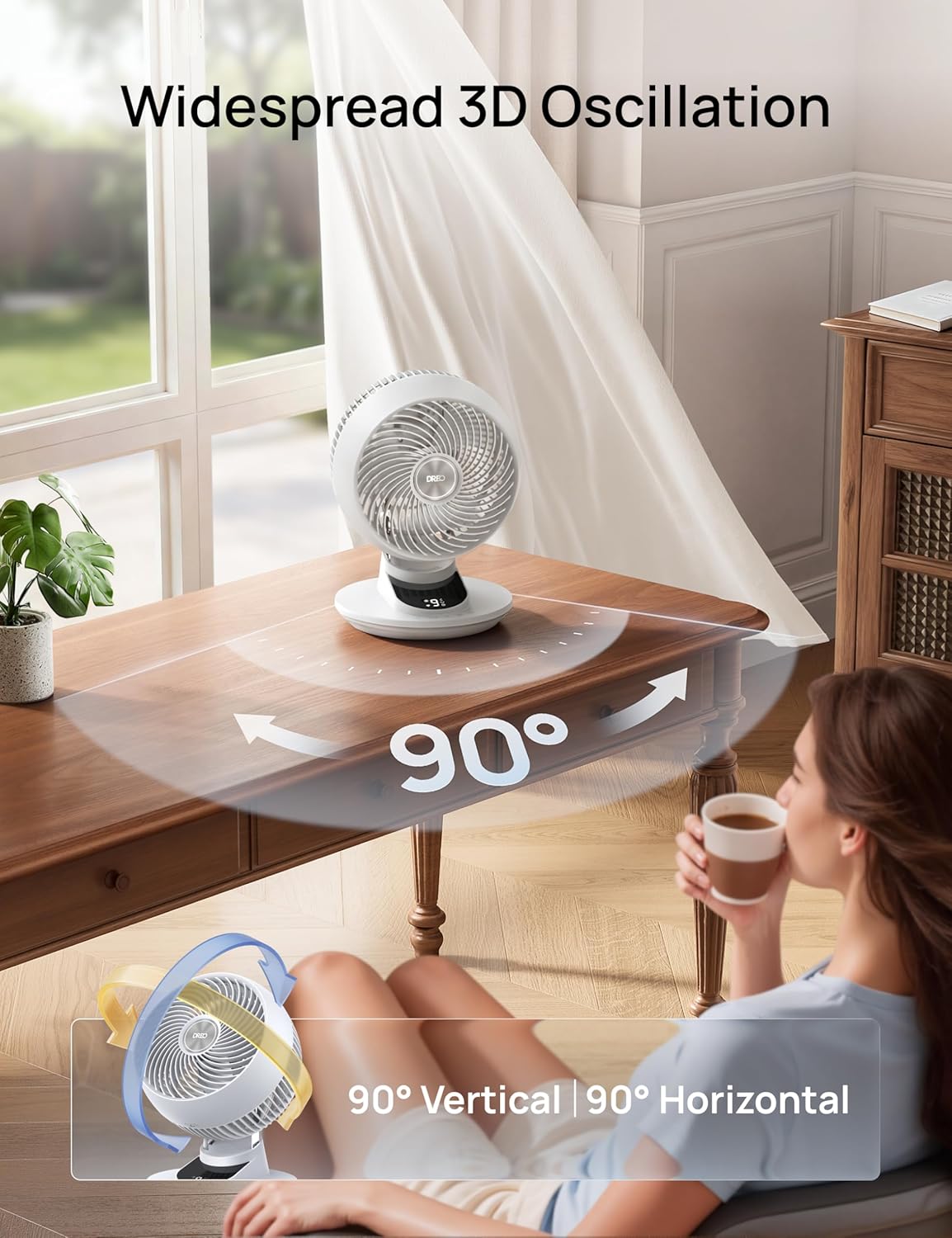 DREO 20dB Smart Desk Fan for Bedroom, 90+90 Oscillating Cooling Air Circulator, Silent Powerful DC Motor with 85ft Airflow, 9 Speeds, 6 Modes