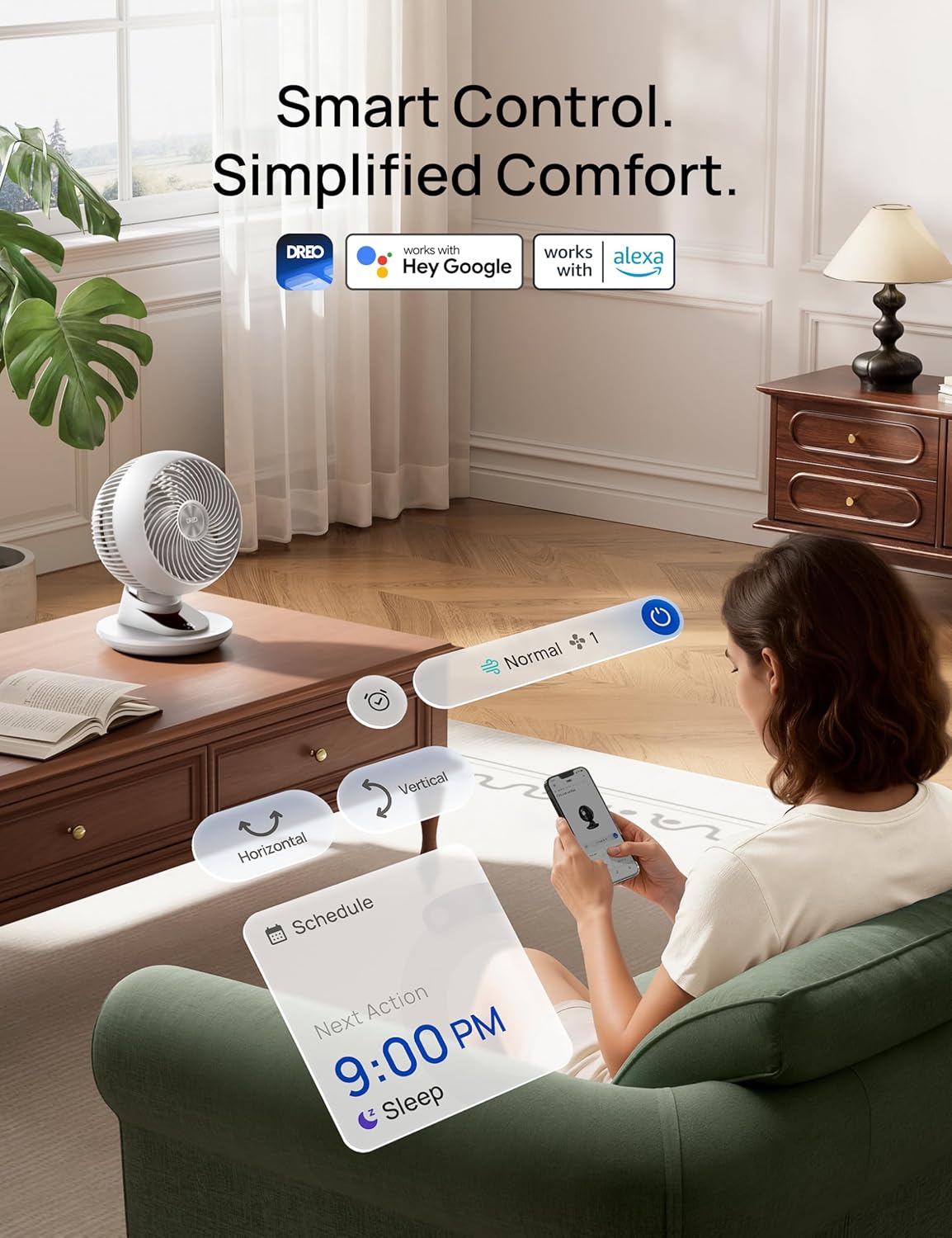 DREO 20dB Smart Desk Fan for Bedroom, 90+90 Oscillating Cooling Air Circulator, Silent Powerful DC Motor with 85ft Airflow, 9 Speeds, 6 Modes