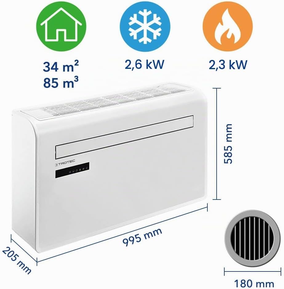 TROTEC Wall Air Conditioner PAC-W 2600 SH 4-in-1 Air Conditioning Unit Without Outdoor Unit 2.6 kW 9,000 BTU/h Smart Home