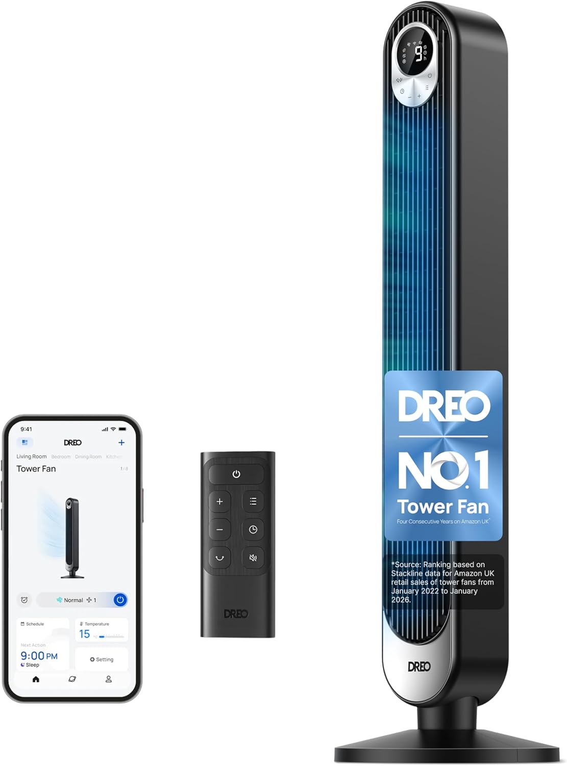 DREO 42 Inch Smart Tower Fan, 8.5m/s High-Velocity Cooling Fans, 9 Speeds Standing Fans for Bedroom, 25dB Silent Bladeless Electric Fan, 4 Modes, 90 Oscillation