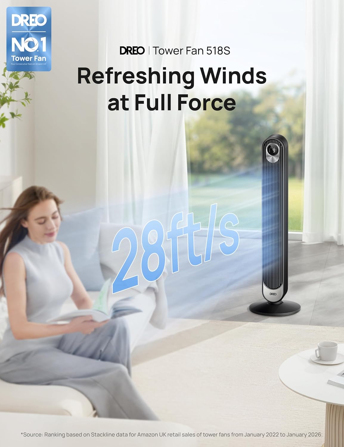 DREO 42 Inch Smart Tower Fan, 8.5m/s High-Velocity Cooling Fans, 9 Speeds Standing Fans for Bedroom, 25dB Silent Bladeless Electric Fan, 4 Modes, 90 Oscillation