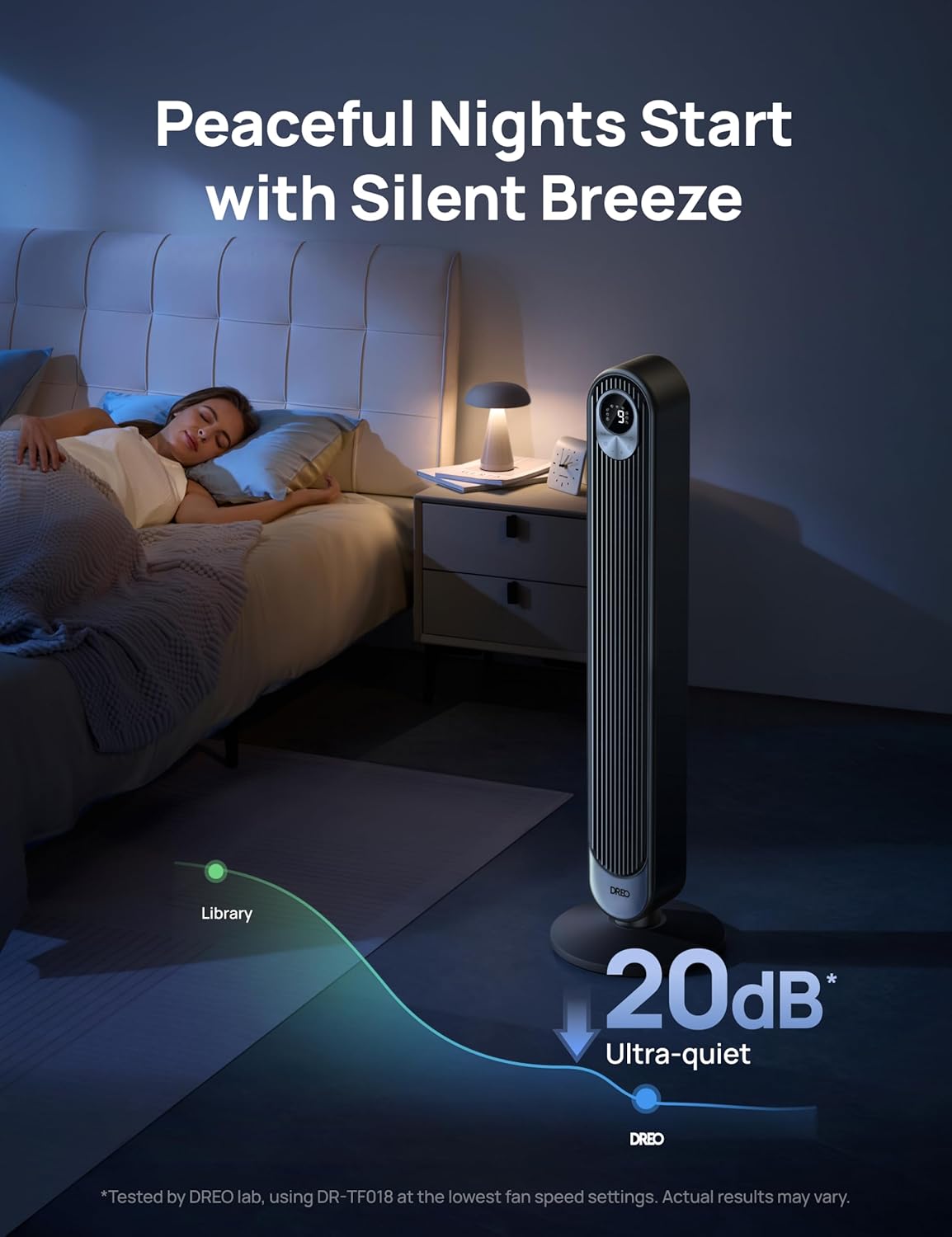 DREO 42 Inch Smart Tower Fan, 8.5m/s High-Velocity Cooling Fans, 9 Speeds Standing Fans for Bedroom, 25dB Silent Bladeless Electric Fan, 4 Modes, 90 Oscillation