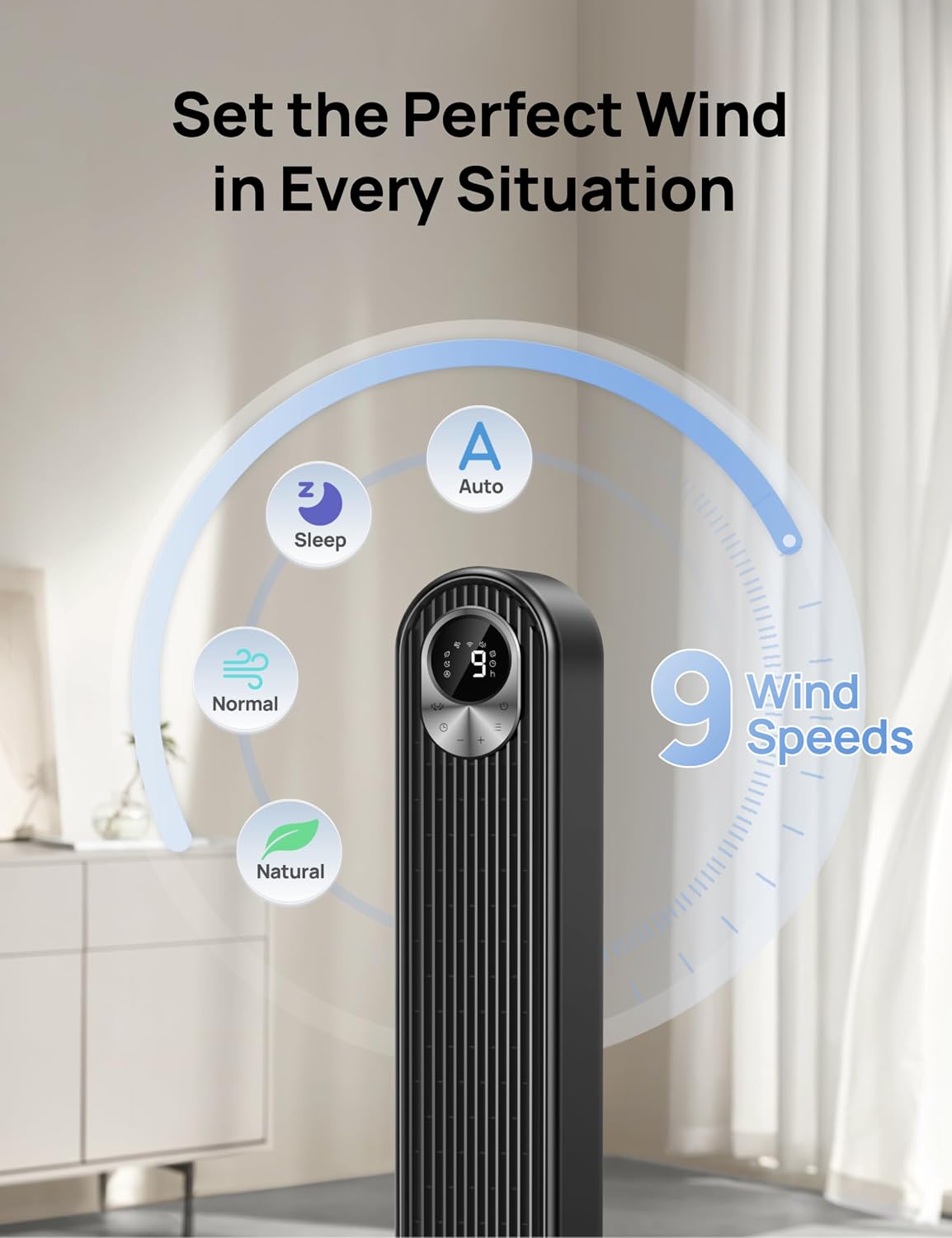 DREO 42 Inch Smart Tower Fan, 8.5m/s High-Velocity Cooling Fans, 9 Speeds Standing Fans for Bedroom, 25dB Silent Bladeless Electric Fan, 4 Modes, 90 Oscillation