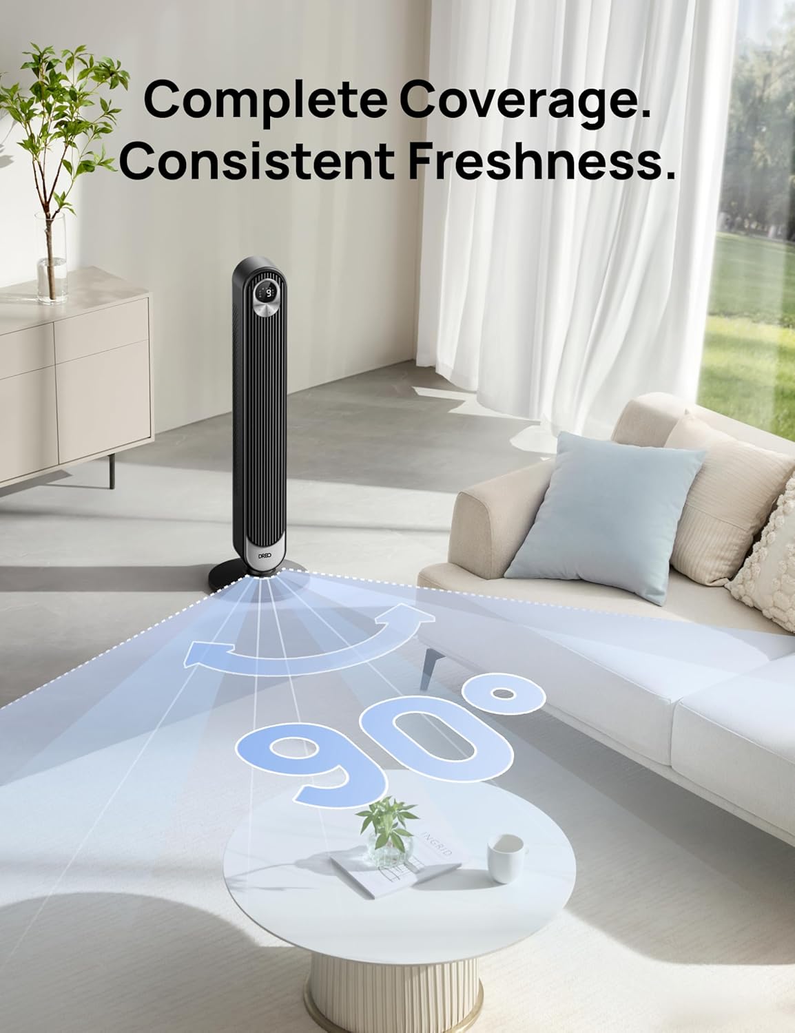 DREO 42 Inch Smart Tower Fan, 8.5m/s High-Velocity Cooling Fans, 9 Speeds Standing Fans for Bedroom, 25dB Silent Bladeless Electric Fan, 4 Modes, 90 Oscillation