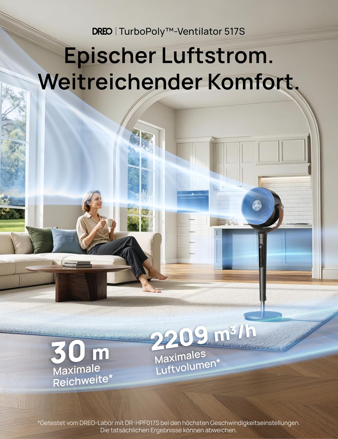 DREO 20dB Quiet Smart Pedestal Fan for Bedroom with RGB LED, 150°+120° Oscillation, 30m Air Circulator and 2209 m³/h Air Volume, 12 Speeds, 6 Modes, 94-107cm Height, Wi-Fi & Alexa