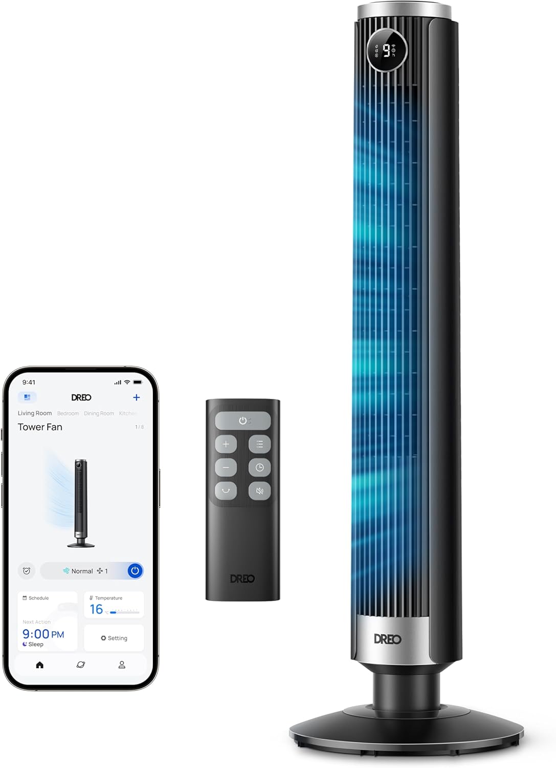 DREO Smart 102–114cm Tower Fan for Bedroom, Height-Adjustable, 8.4 m/s, DC Motor, 9 Levels, 4 Modes, 90° Oscillation, Standing Fan, 20dB Quiet, 12H Timer for Home and Office, Google/Alexa