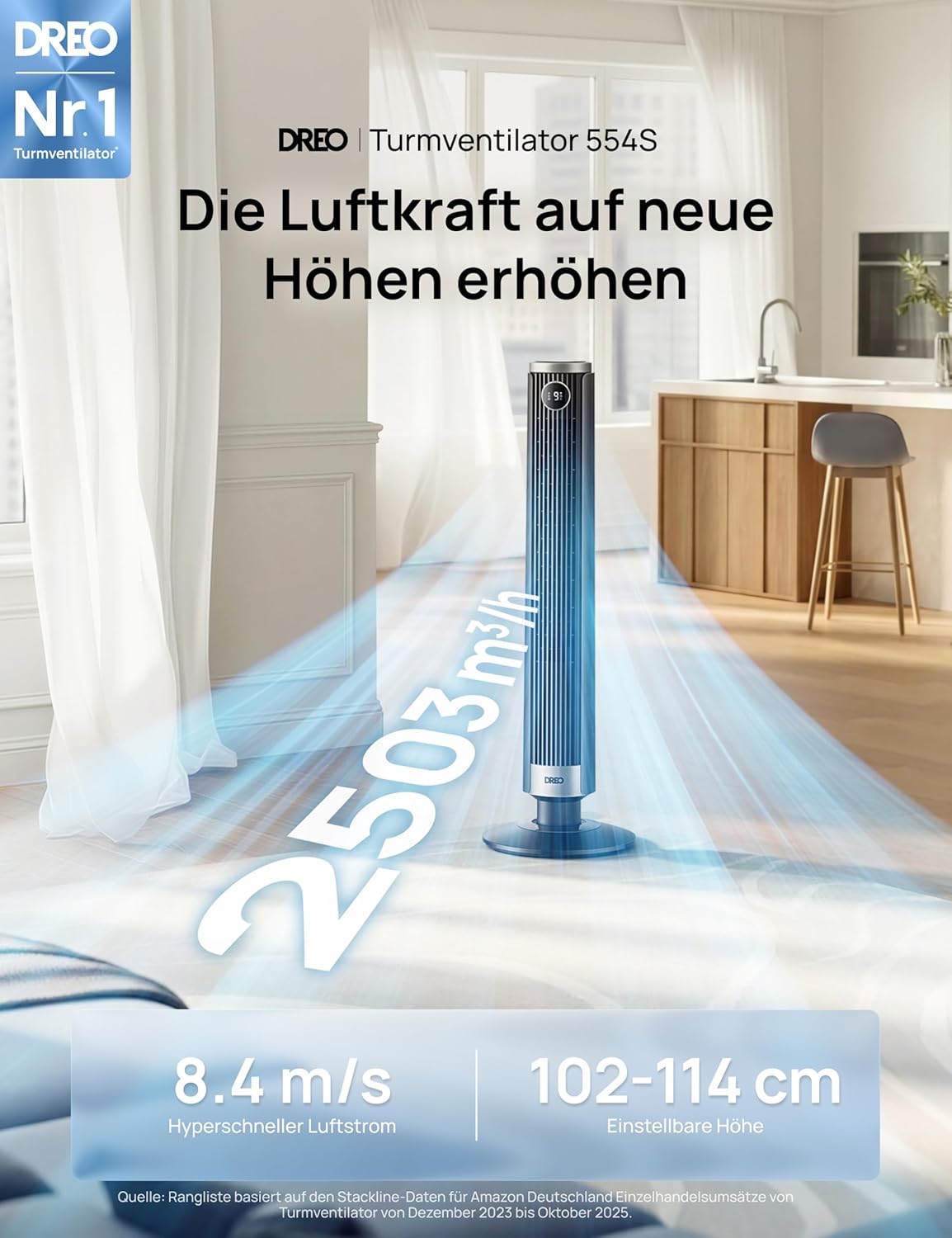 DREO Smart 102–114cm Tower Fan for Bedroom, Height-Adjustable, 8.4 m/s, DC Motor, 9 Levels, 4 Modes, 90° Oscillation, Standing Fan, 20dB Quiet, 12H Timer for Home and Office, Google/Alexa