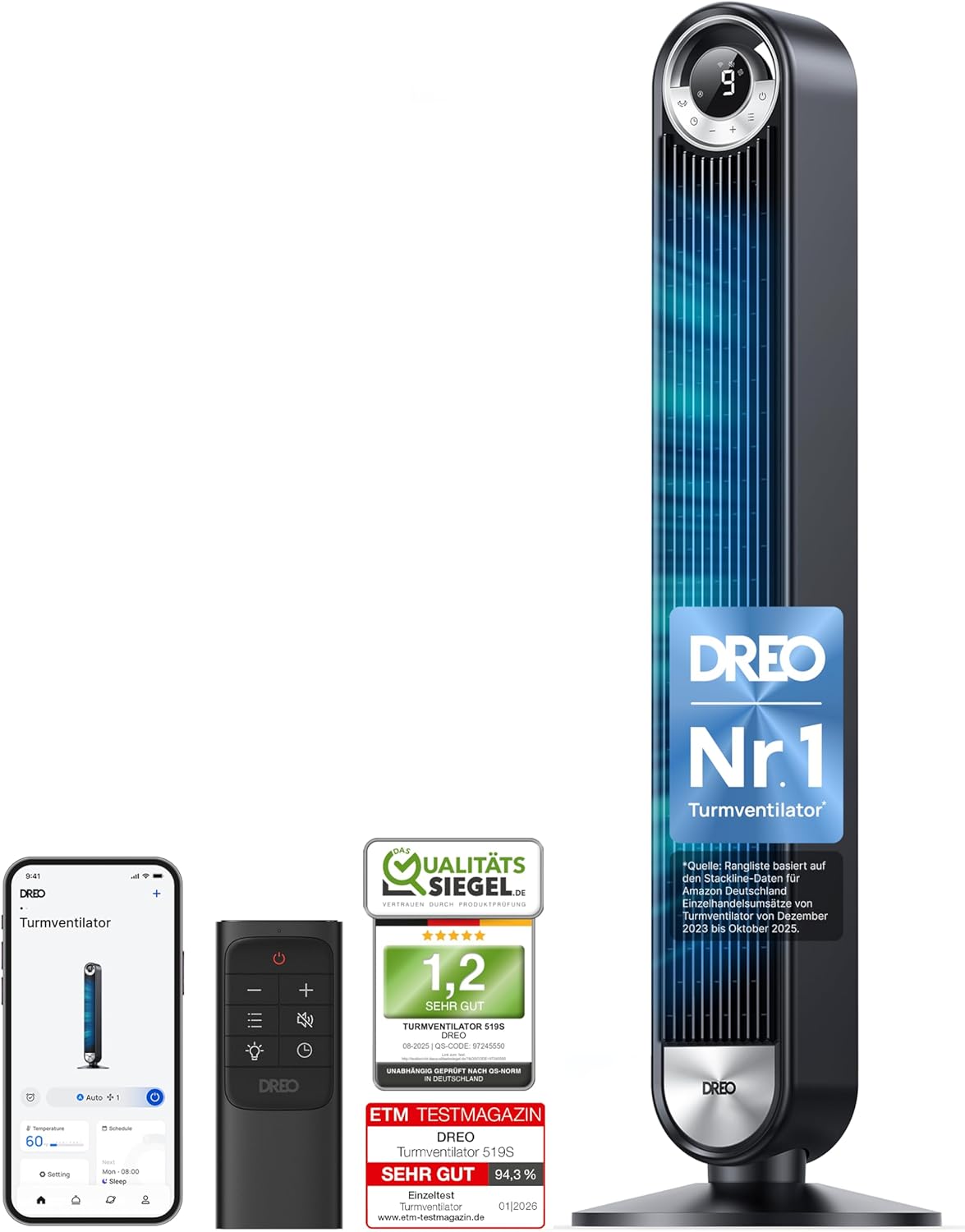 DREO 25 dB Quiet Smart Tower Fan, 106cm Height, 4 Modes, 9-Speed, Max 7.9 m/s, 12H Timer, 90° Oscillating Fan with Remote Control & Voice Control Cooling, Cruiser Pro T2S, Black