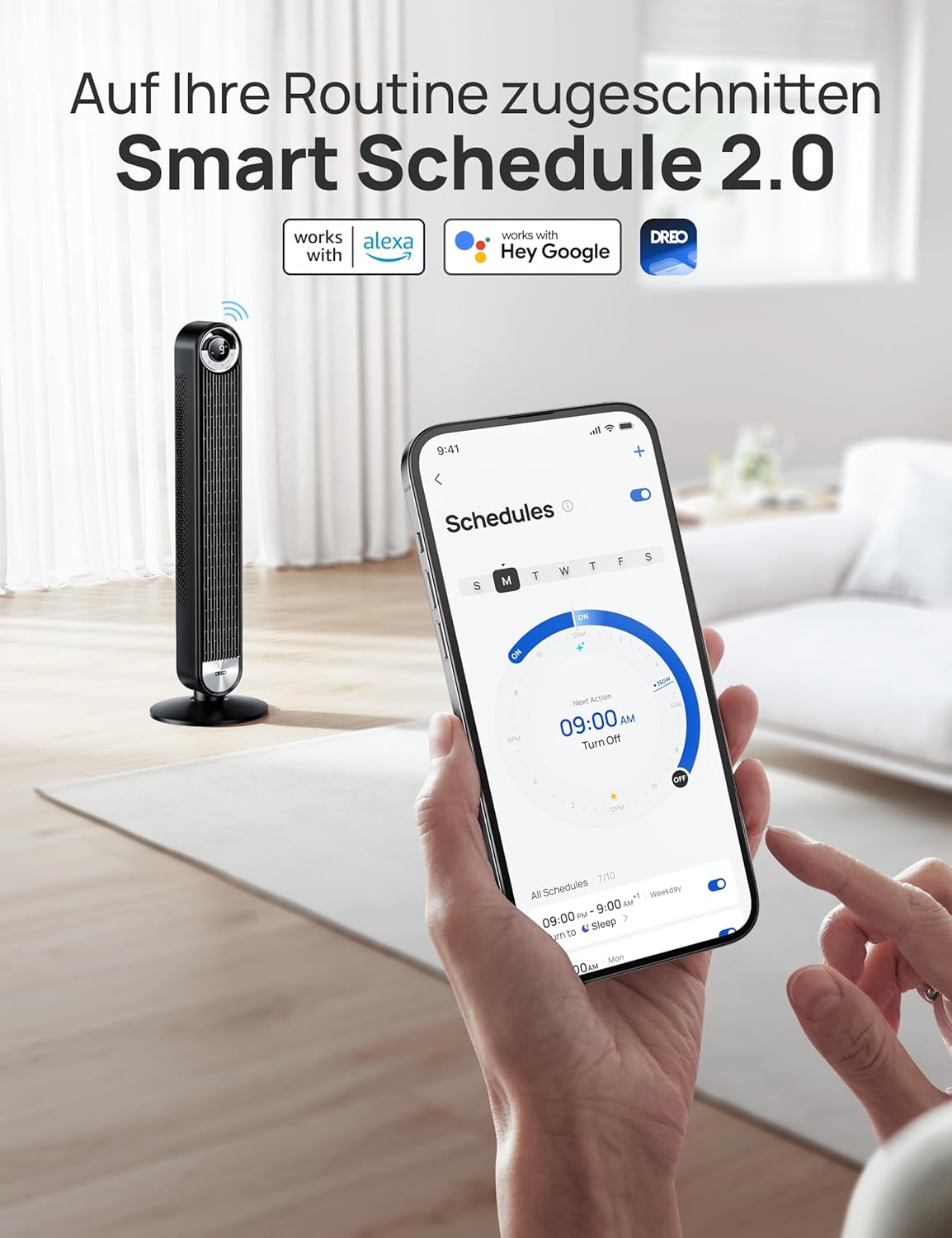 DREO 25 dB Quiet Smart Tower Fan, 106cm Height, 4 Modes, 9-Speed, Max 7.9 m/s, 12H Timer, 90° Oscillating Fan with Remote Control & Voice Control Cooling, Cruiser Pro T2S, Black