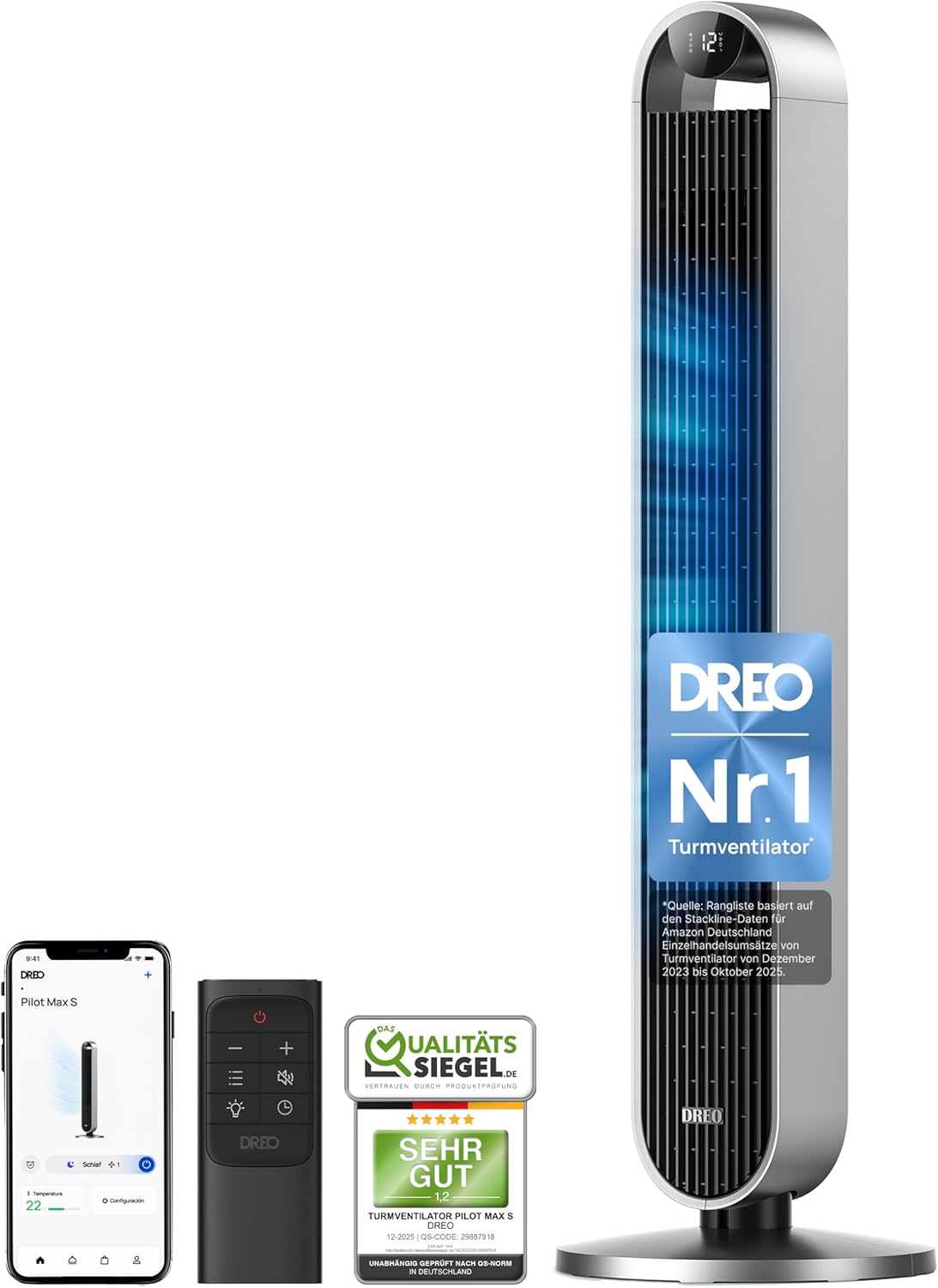 DREO Smart Tower Fan Very Quiet, 120° Oscillating Fan with Cooling, 25dB Pedestal Fan with Remote Control for Bedroom, 12 Speeds, 4 Modes, 12-Hour Timer, Pilot Max S