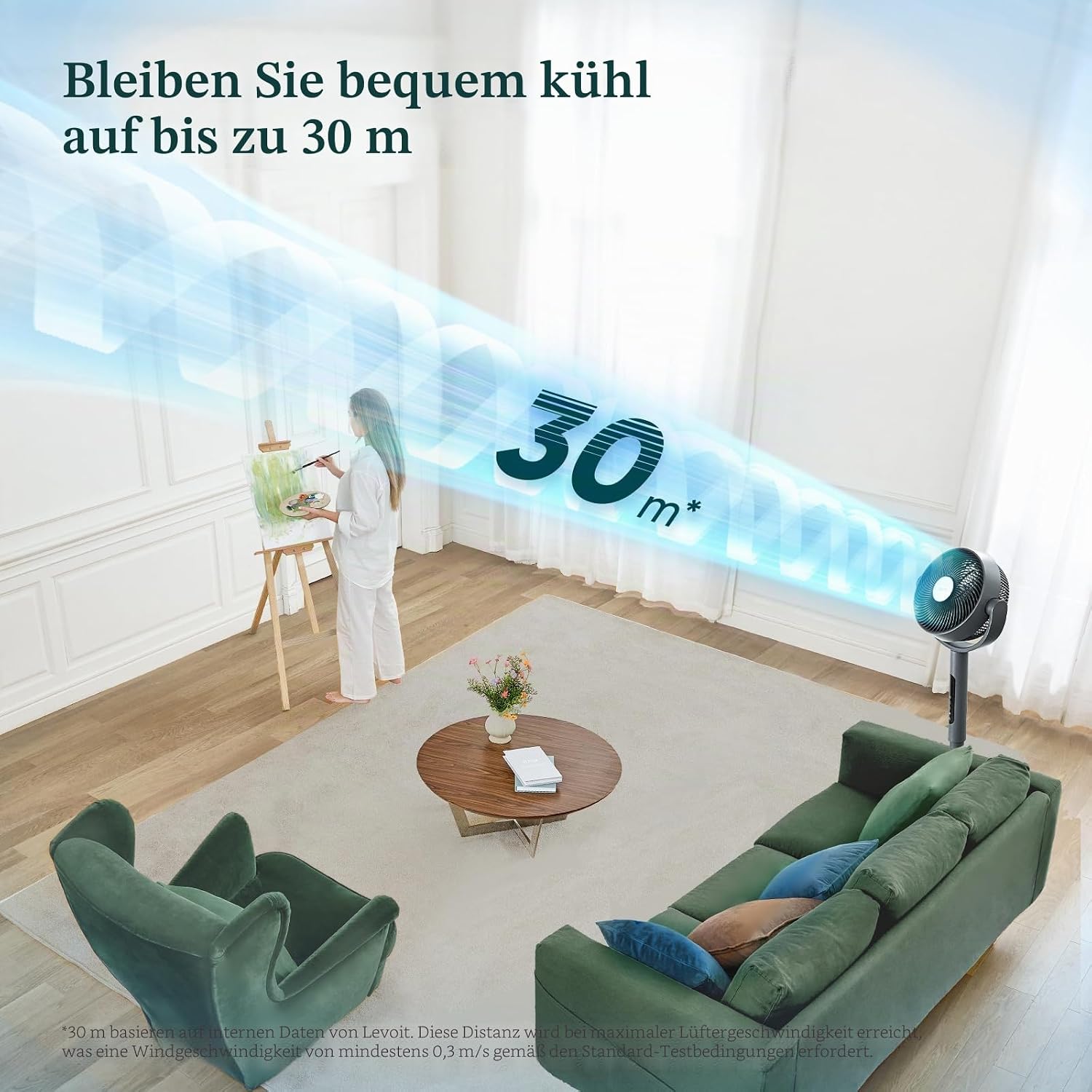 LEVOIT 20 dB Smart Pedestal Fan, DC Motor, Low Power Consumption, with Wi-Fi, 4 Modes and 12 Wind Speeds, 30 m Wind, 12-Hour Timer, 90°+120° Oscillation