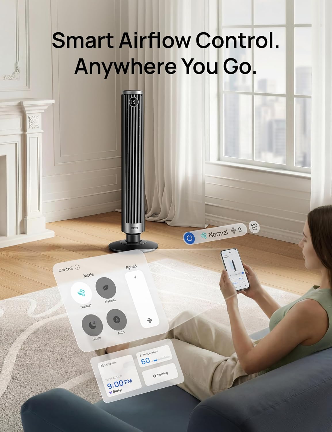 DREO Smart 40-45 inch Tower Fan for Bedroom, Adjustable Height, 28 ft/s Velocity, DC Motor, 9 Speeds, 4 Modes, 90 Oscillating, Standing Fan, 20dB Quiet