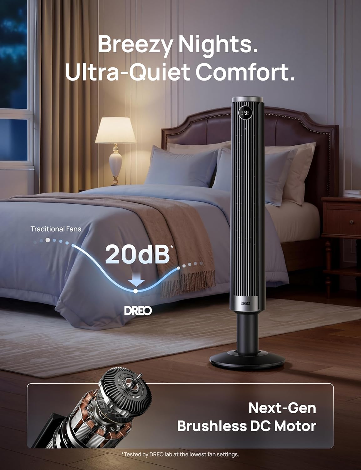 DREO Smart 40-45 inch Tower Fan for Bedroom, Adjustable Height, 28 ft/s Velocity, DC Motor, 9 Speeds, 4 Modes, 90 Oscillating, Standing Fan, 20dB Quiet