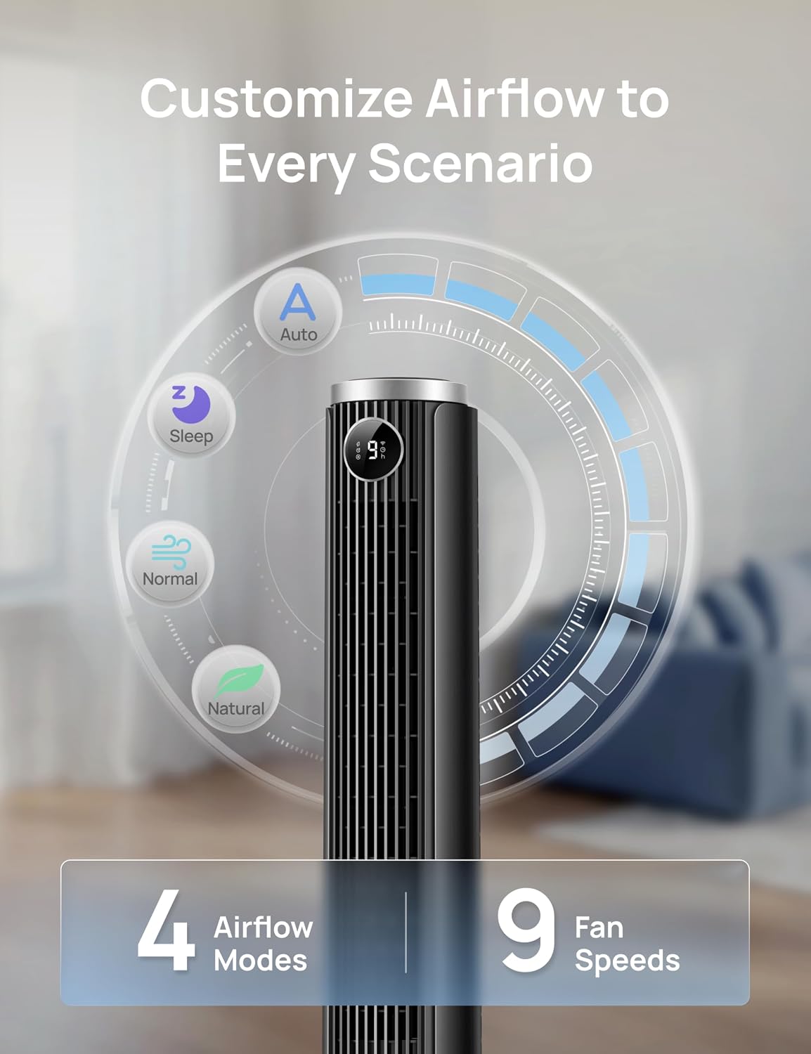DREO Smart 40-45 inch Tower Fan for Bedroom, Adjustable Height, 28 ft/s Velocity, DC Motor, 9 Speeds, 4 Modes, 90 Oscillating, Standing Fan, 20dB Quiet