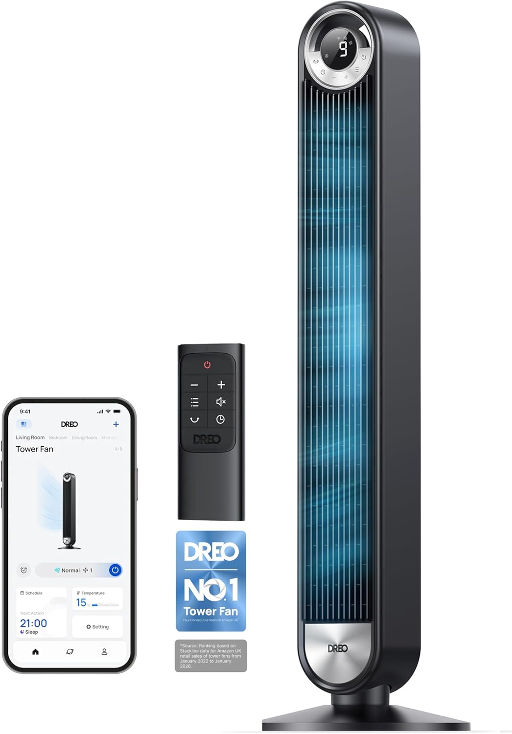 DREO 20dB Smart Silent Tower Fan, 8.5m/s Velocity Standing Fan for Bedroom, 9 Speeds 4 Modes, Upgraded DC Cooling Fans, 90 Oscillating Bladeless