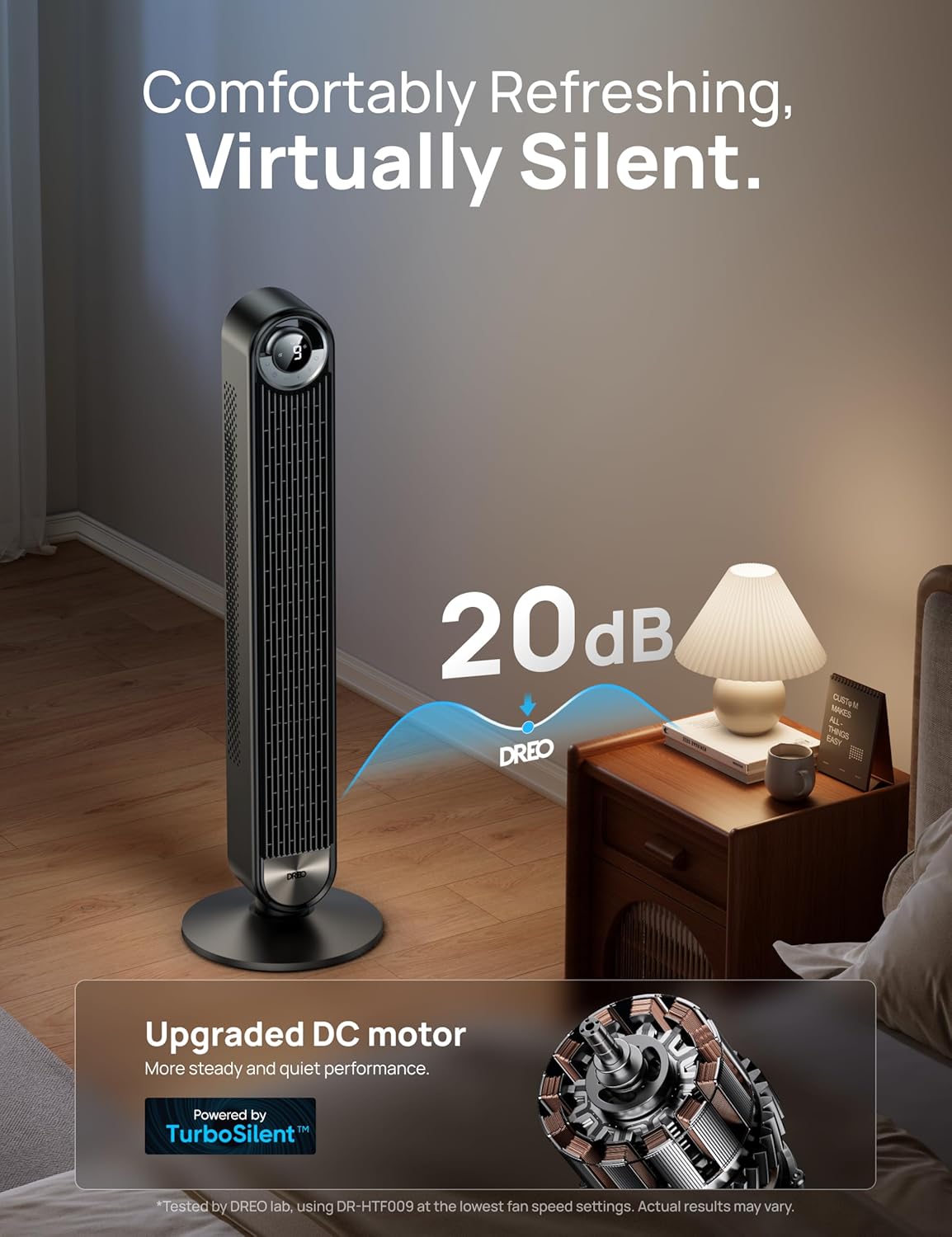 DREO 20dB Smart Silent Tower Fan, 8.5m/s Velocity Standing Fan for Bedroom, 9 Speeds 4 Modes, Upgraded DC Cooling Fans, 90 Oscillating Bladeless