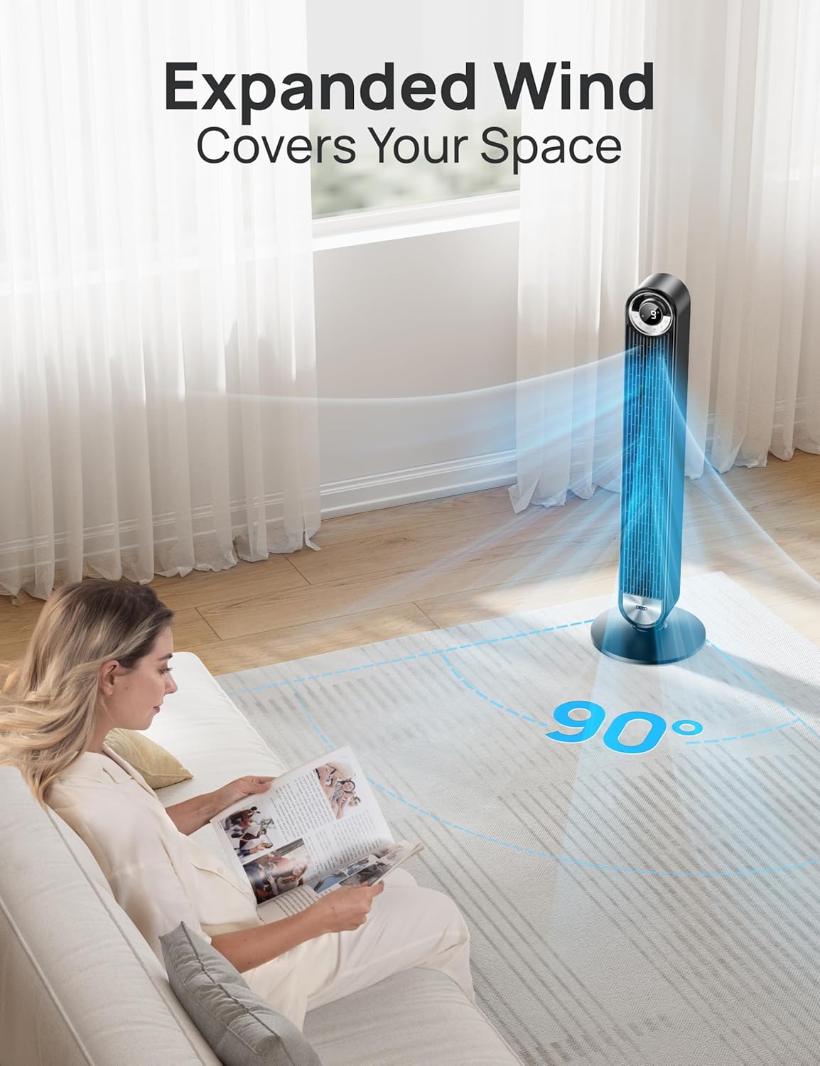 DREO 20dB Smart Silent Tower Fan, 8.5m/s Velocity Standing Fan for Bedroom, 9 Speeds 4 Modes, Upgraded DC Cooling Fans, 90 Oscillating Bladeless