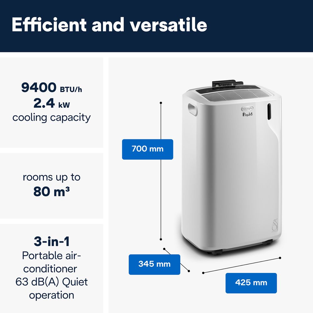 De'Longhi Pinguino PAC EM82 Portable Air Conditioner – 3 Speeds, Remote, 360° Castors