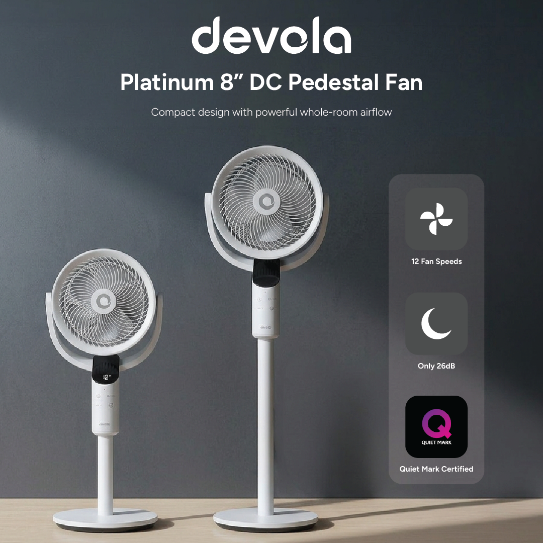 Devola Platinum Low Noise 8 Inch Air Circulator Pedestal Fan, White - DVPF8DCW