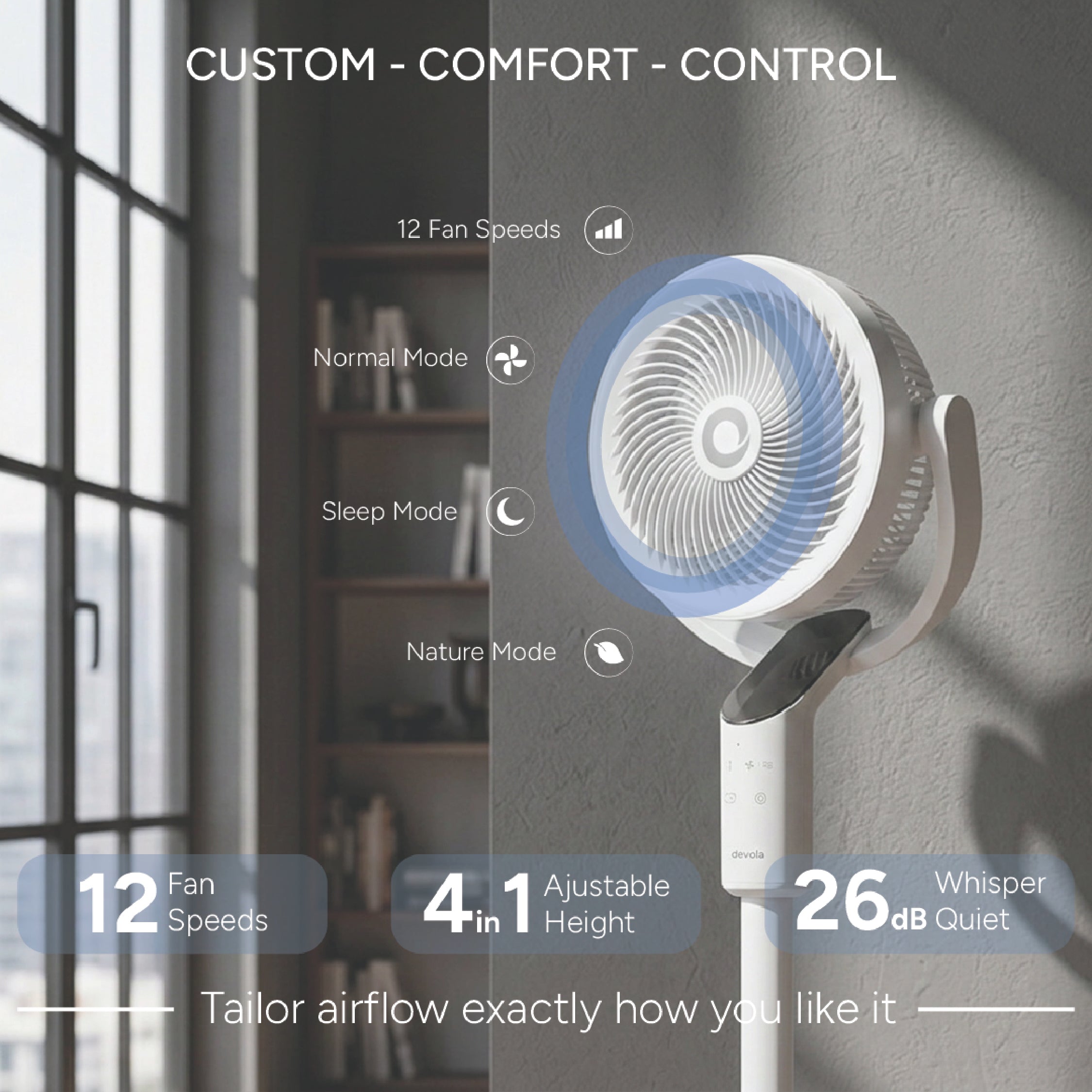 Devola Platinum Low Noise 8 Inch Air Circulator Pedestal Fan, White - DVPF8DCW