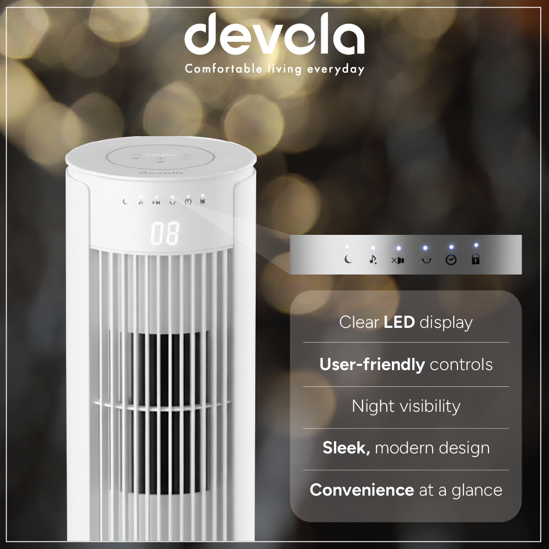 Devola Platinum 38 Inch Tower Fan with Remote, White & Silver - DVTF38PWH