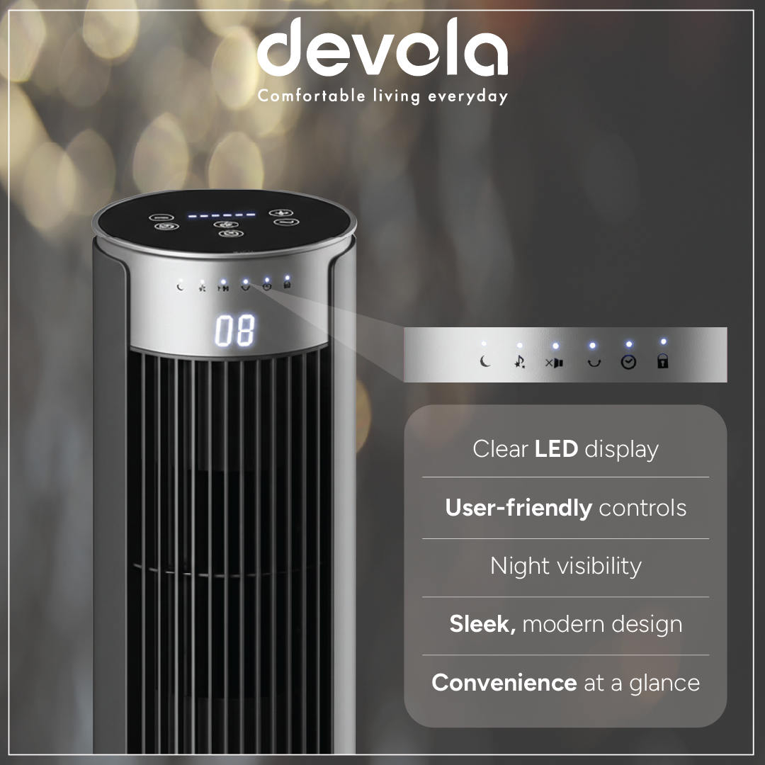 Devola Platinum 38 Inch Tower Fan with Remote, Black & Silver - DVTF38PBS