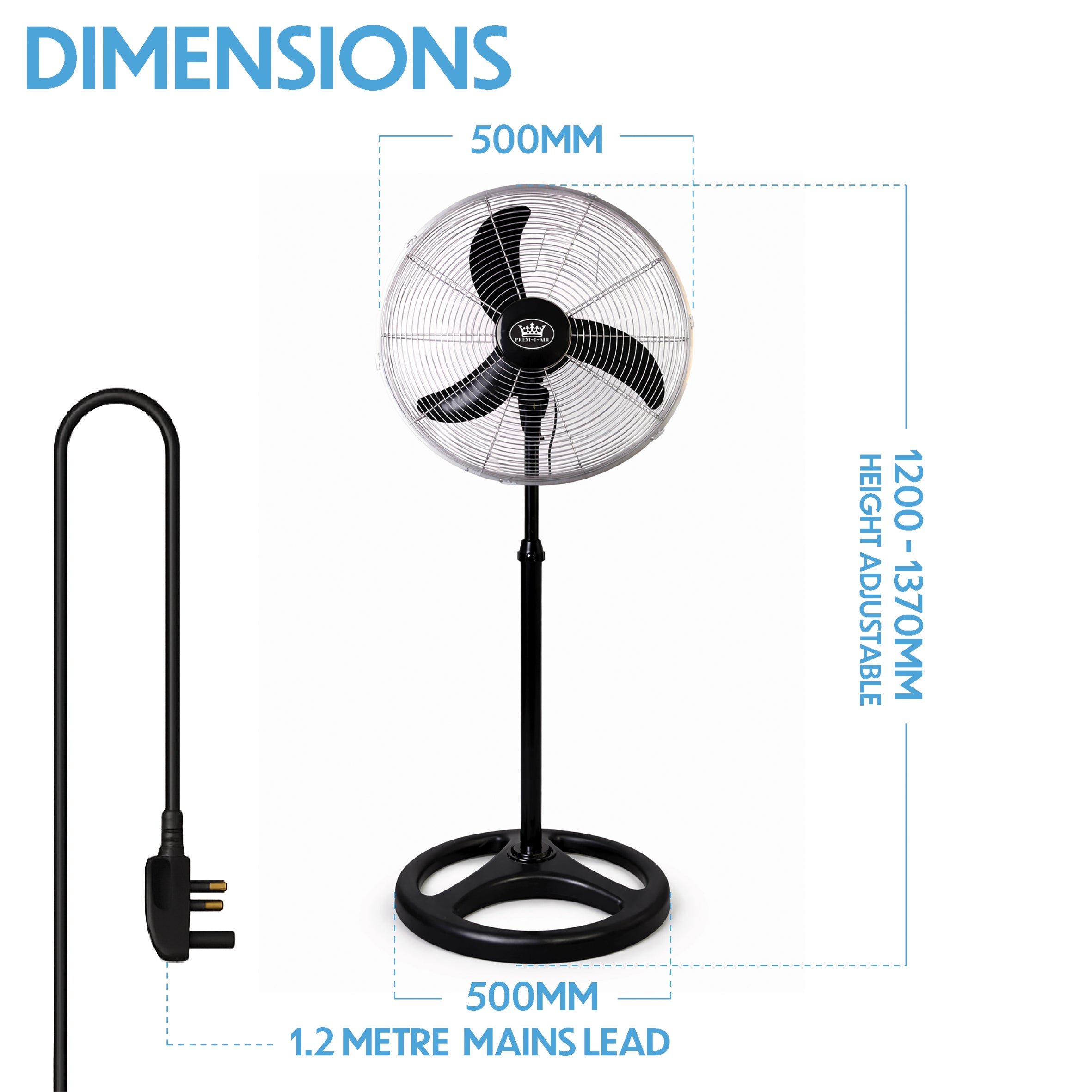 Prem-i-air 18" High velocity Pedestal Fan with Oscillation, Adjustable Height & Angle - Black - EH5804