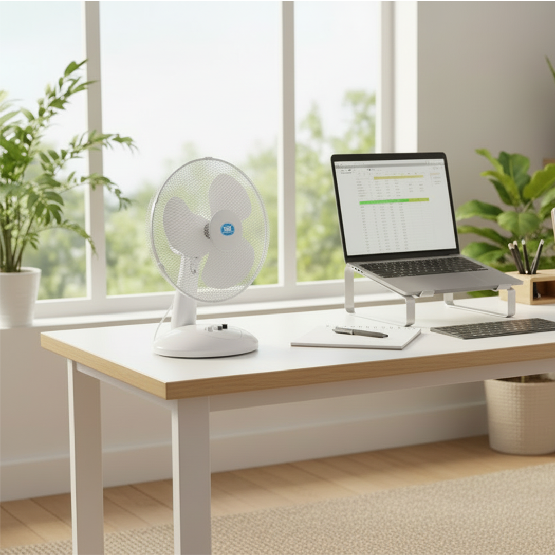 Prem-i-air 12" Compact Desk Fan - 3 Speed Settings, Oscillation & Adjustable Angle - White - EH5522