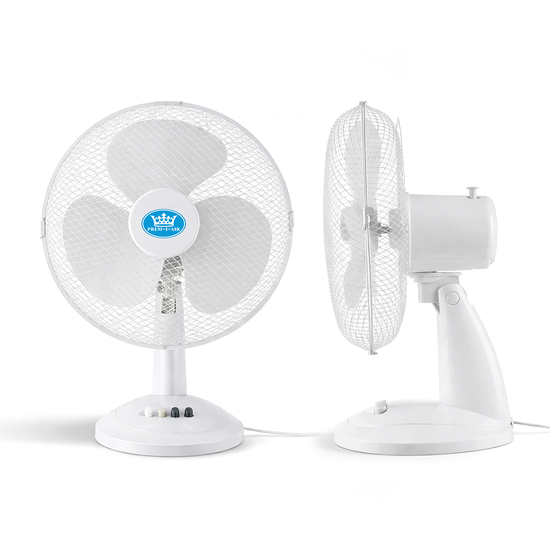 Prem-i-air 12" Compact Desk Fan - 3 Speed Settings, Oscillation & Adjustable Angle - White - EH5522