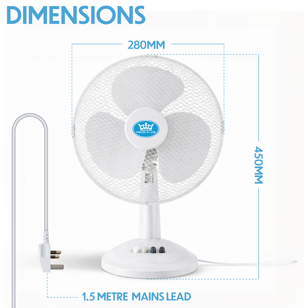 Prem-i-air 12" Compact Desk Fan - 3 Speed Settings, Oscillation & Adjustable Angle - White - EH5522