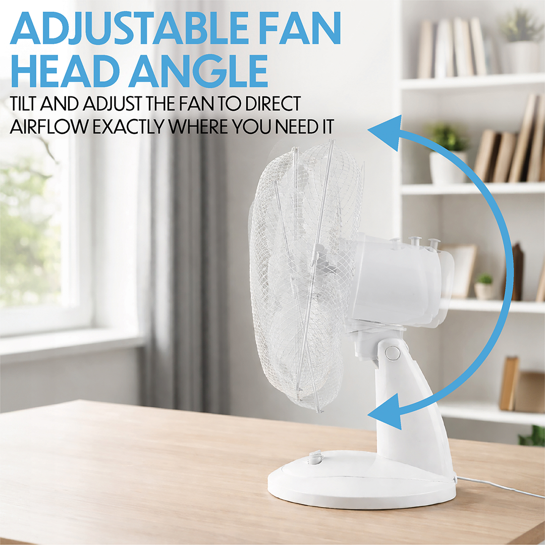 Prem-i-air 12" Compact Desk Fan - 3 Speed Settings, Oscillation & Adjustable Angle - White - EH5522