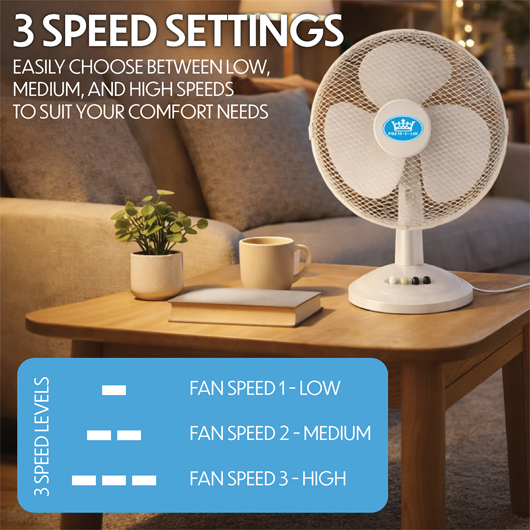 Prem-i-air 12" Compact Desk Fan - 3 Speed Settings, Oscillation & Adjustable Angle - White - EH5522