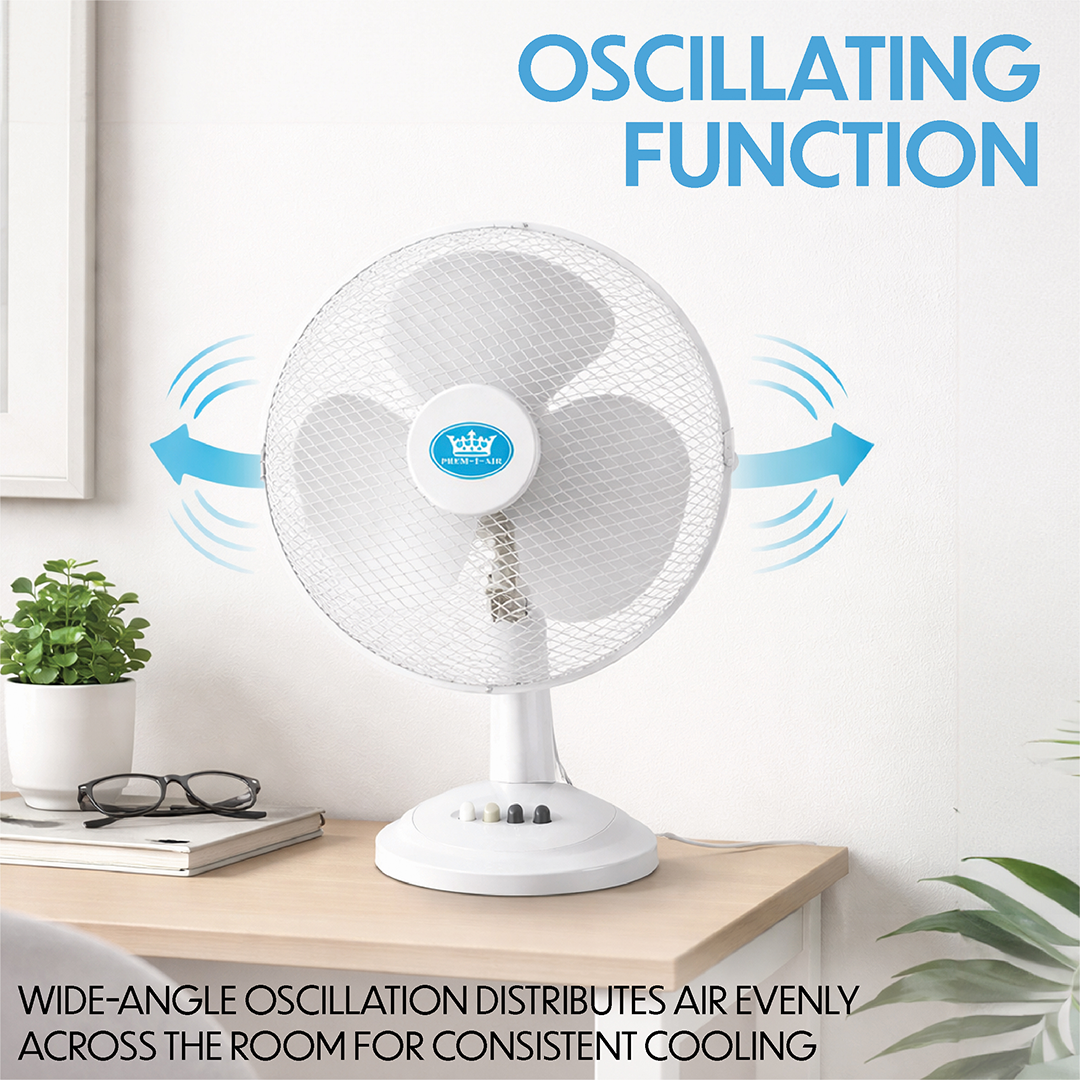 Prem-i-air 12" Compact Desk Fan - 3 Speed Settings, Oscillation & Adjustable Angle - White - EH5522