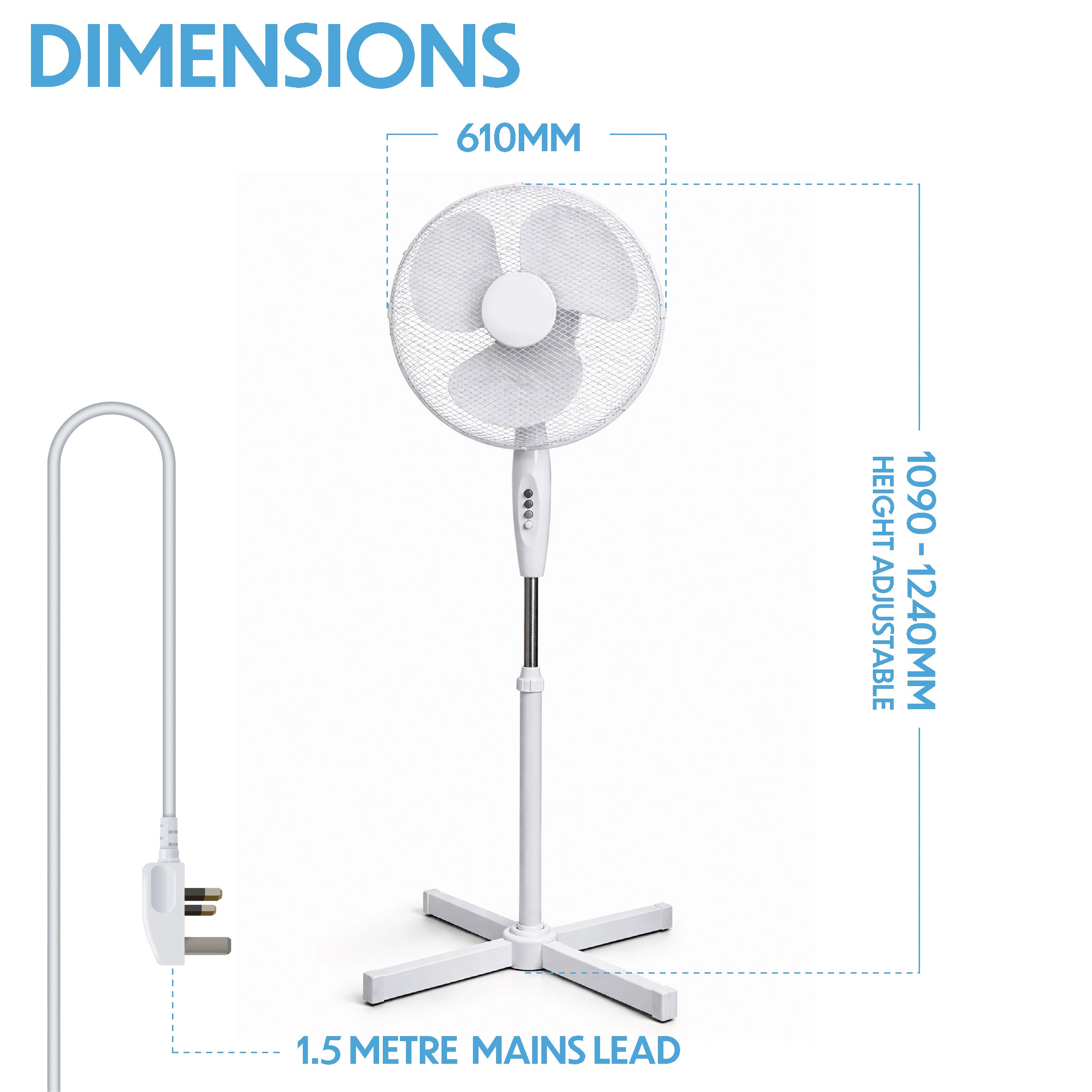 Prem-i-air 16" Pedestal Fan with Oscillation, Adjustable Height - White - EH5795