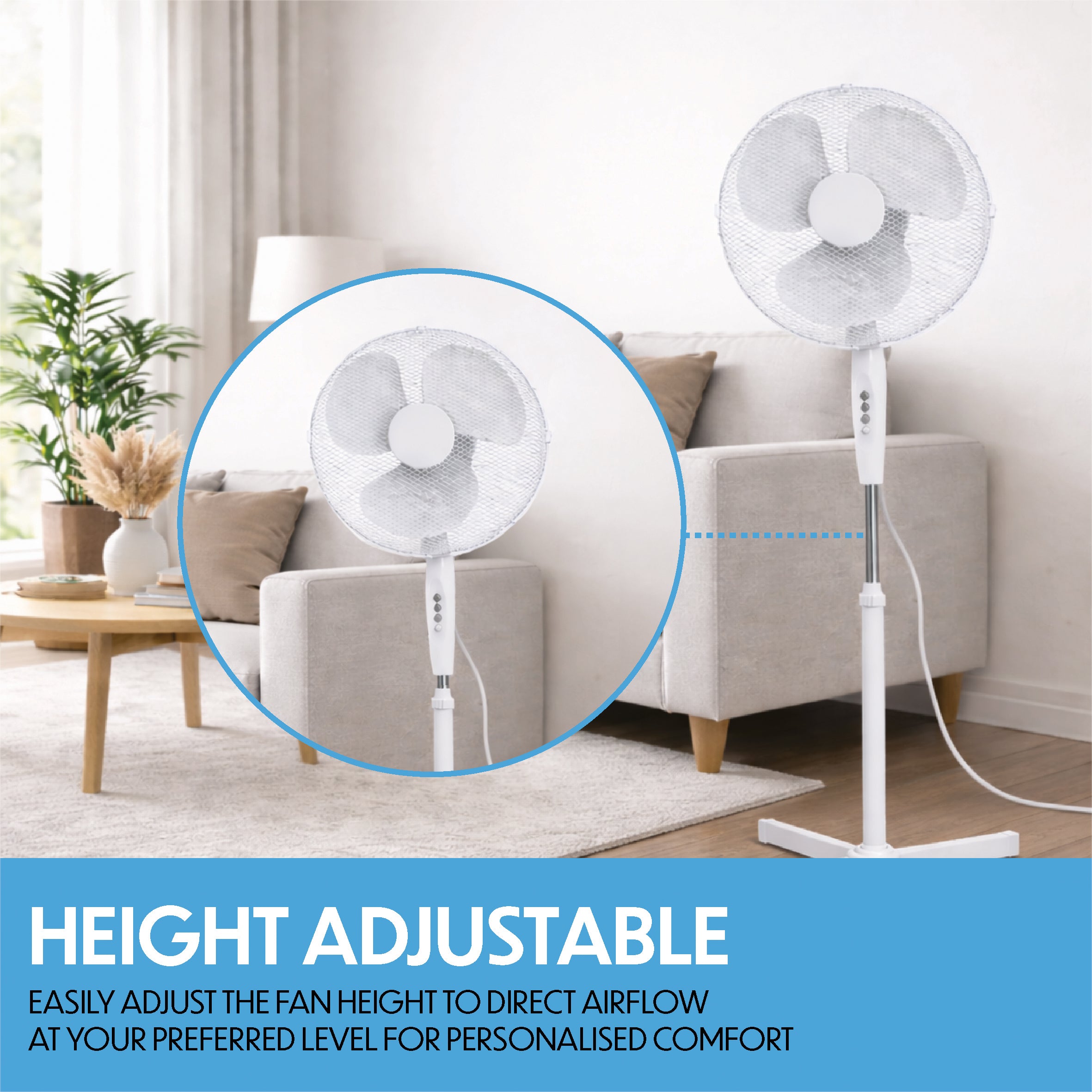 Prem-i-air 16" Pedestal Fan with Oscillation, Adjustable Height - White - EH5795