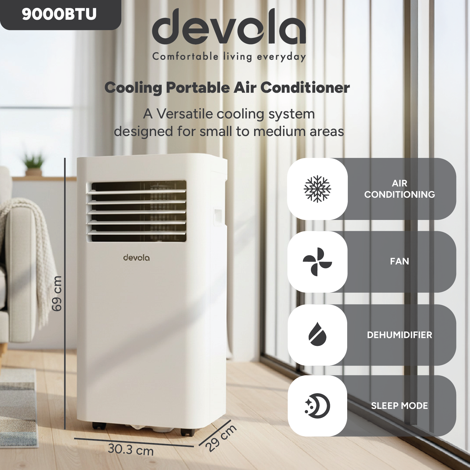 Devola Compact Portable Air Conditioner with Wi-Fi and 2x Window kits - 9000 BTU - Cooling - White - DVAC9K