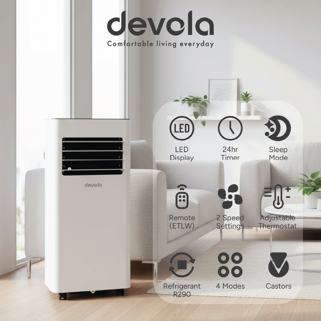 Devola Compact Portable Air Conditioner with Wi-Fi and 2x Window kits - 9000 BTU - Cooling - White - DVAC9K