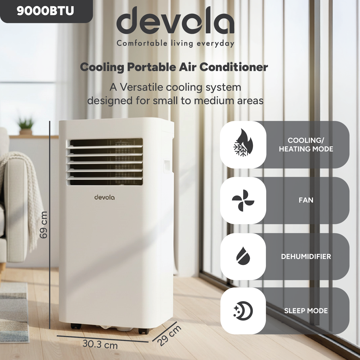 Devola Compact Portable Air Conditioner with Wi-Fi and 2x Window kits - 9,000BTU - Cooling & Heating - White - DVAC9KH