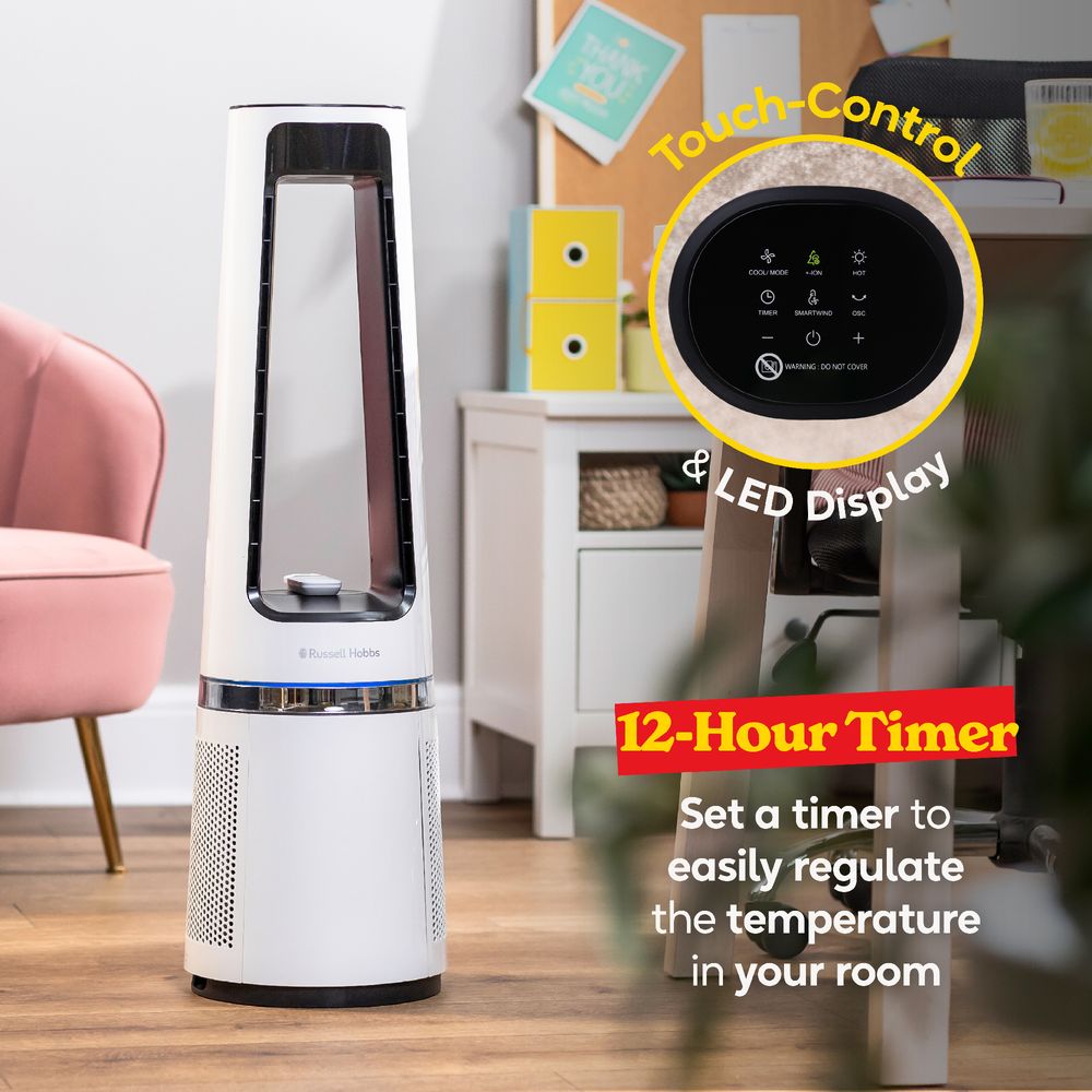 Russell Hobbs Bladeless Tower Fan RHBLDL25W – 12 Speeds, Heating & Purifying