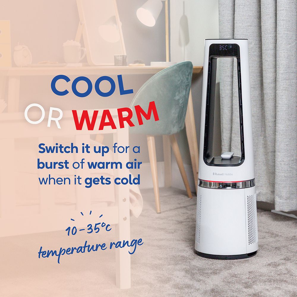 Russell Hobbs Bladeless Tower Fan RHBLDL25W – 12 Speeds, Heating & Purifying