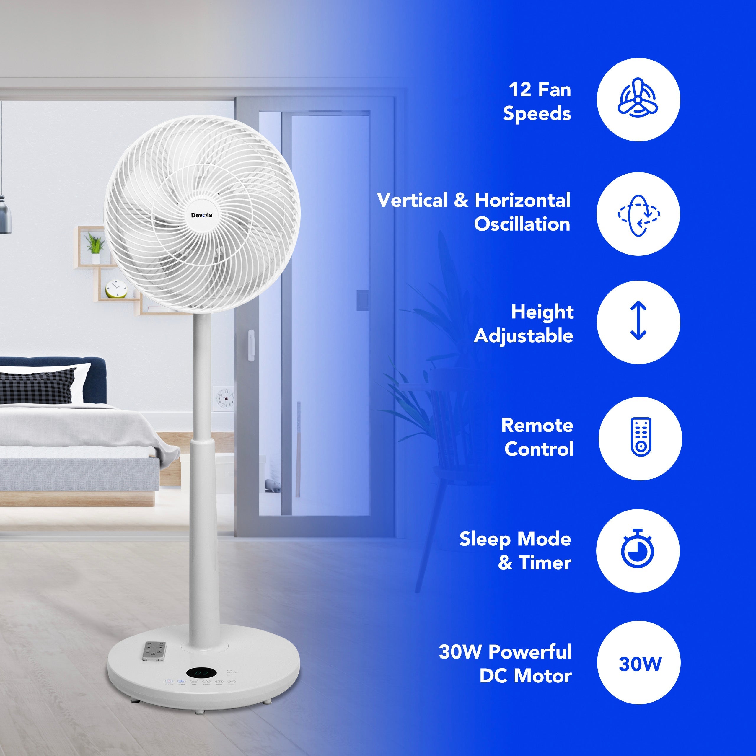 Devola Low Noise 30W 12 Speed 12-inch DC Pedestal Fan - White - DV12DCPFAN