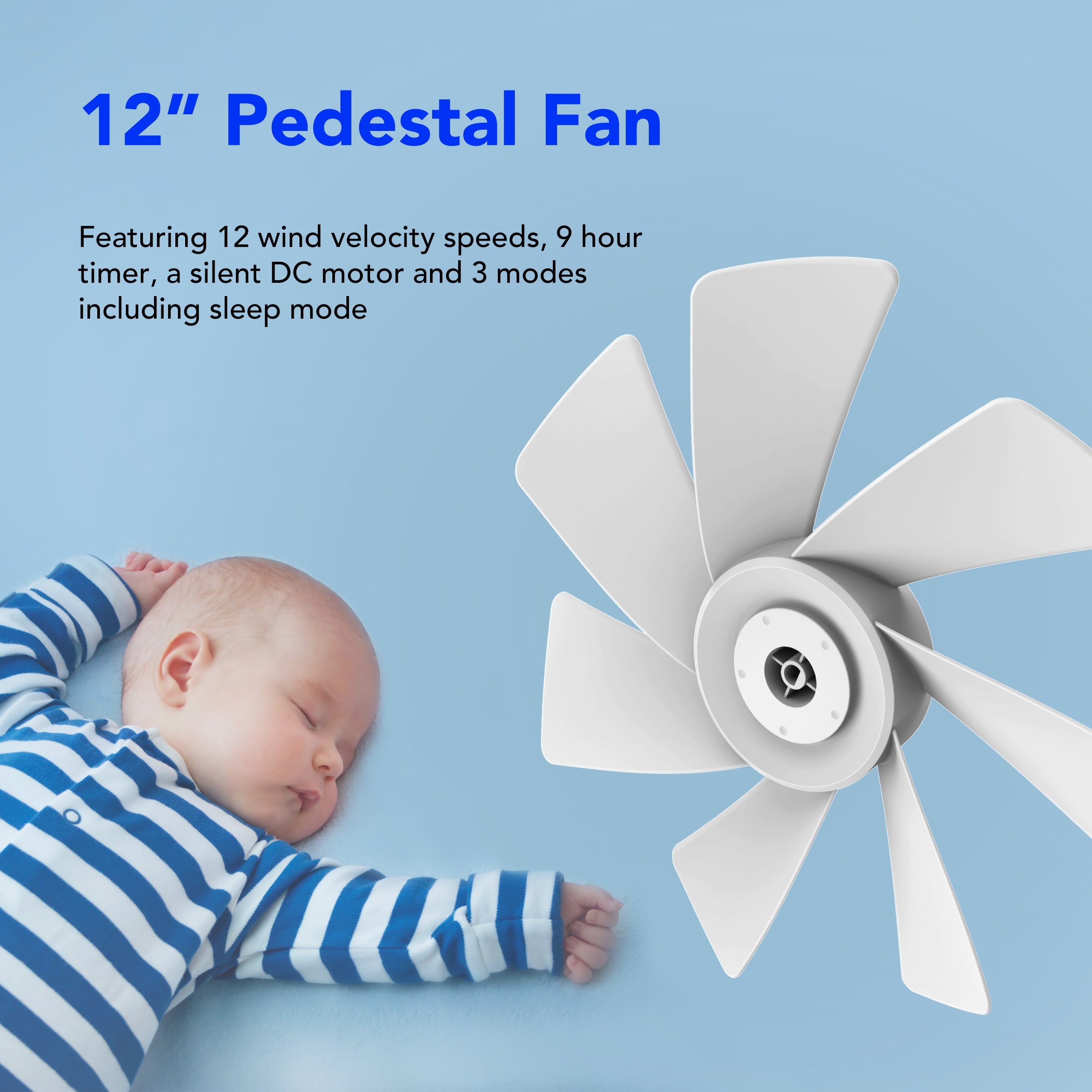 Devola Low Noise 30W 12 Speed 12-inch DC Pedestal Fan - White - DV12DCPFAN