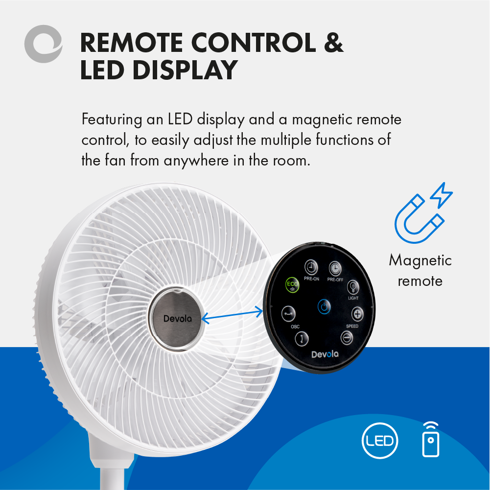 Devola Ultra Quiet 28W 12 Speed 12-inch DC Pedestal Fan - White - DV12PDQM