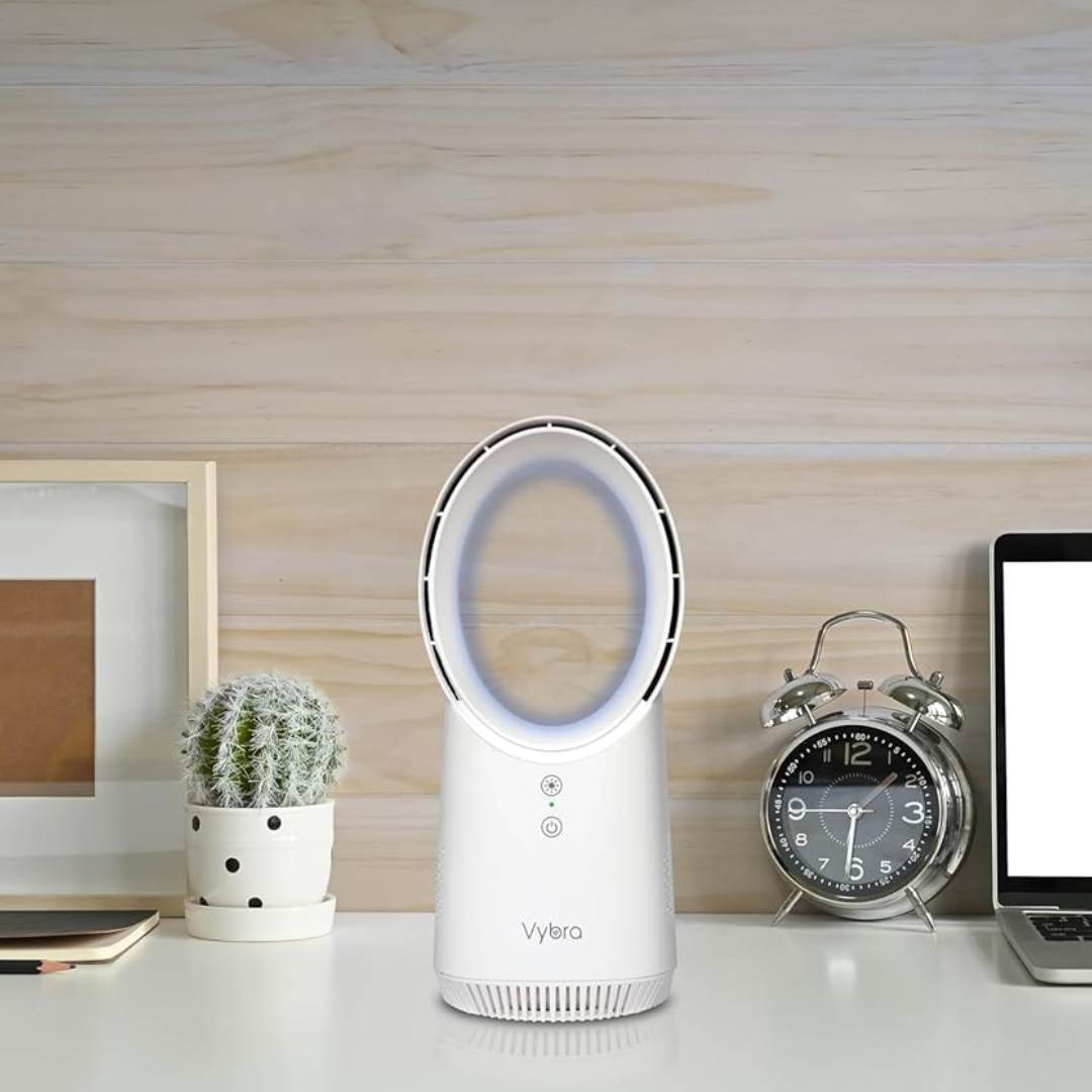 Vybra Solo White – Rechargeable Bladeless Cordless Desktop Fan with Ambient Lighting