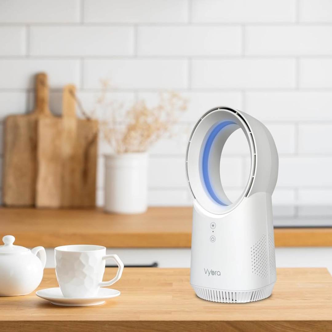 Vybra Solo White – Rechargeable Bladeless Cordless Desktop Fan with Ambient Lighting