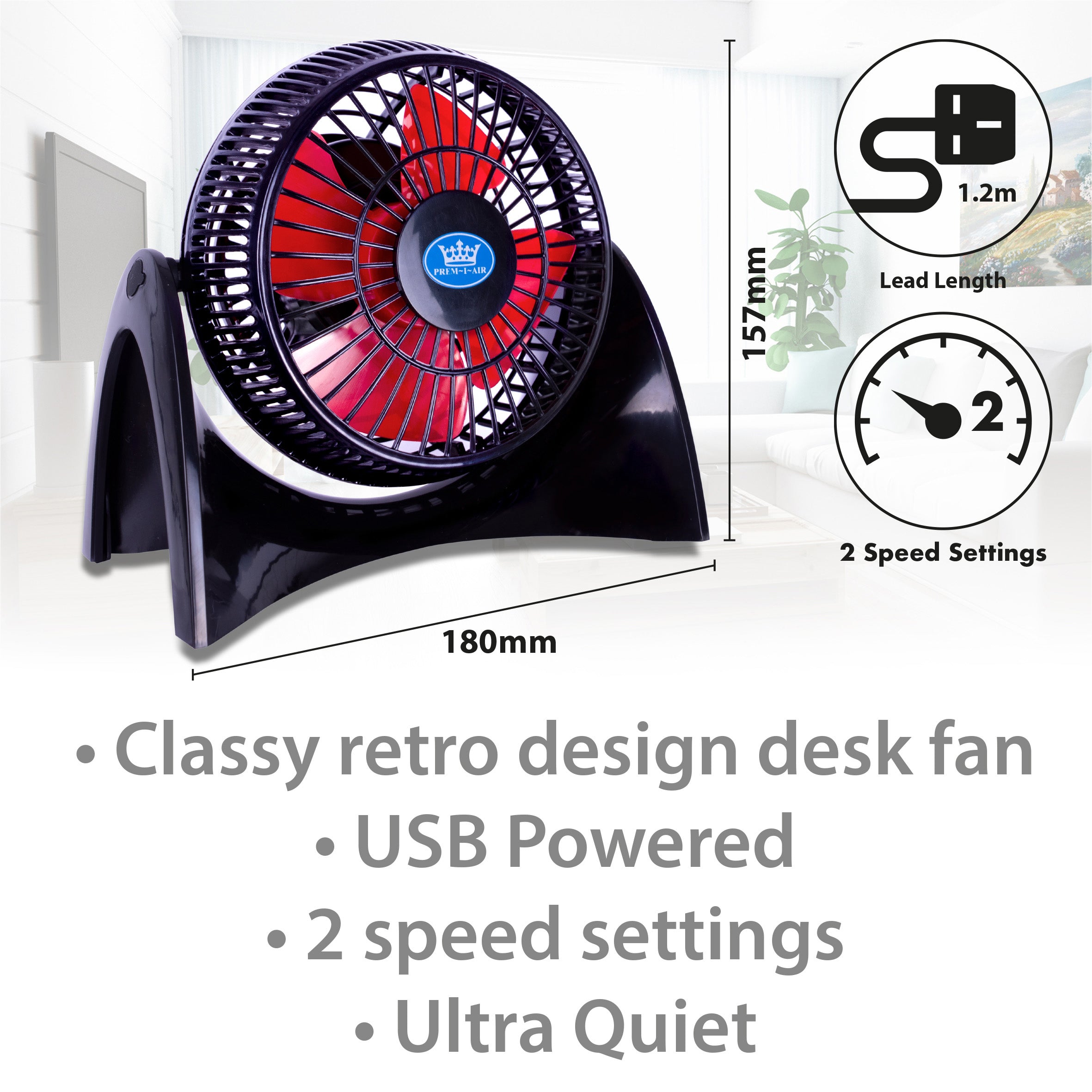 Prem-i-air 5" Ultra Quiet USB Fan with 2 Fan Speeds - EH1698